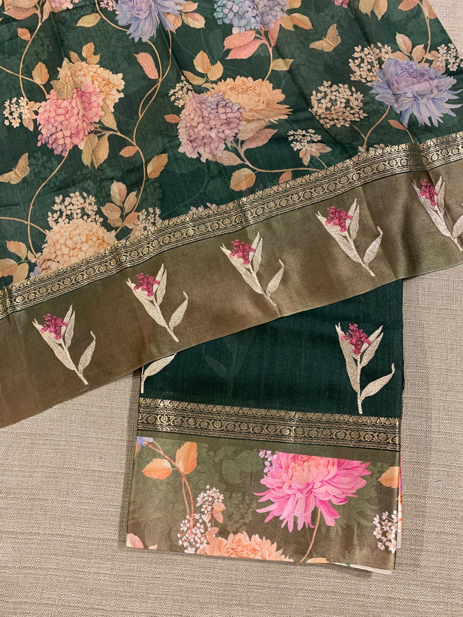 Forest Green Tussar Dhupion Saree with Floral printed mashru borders