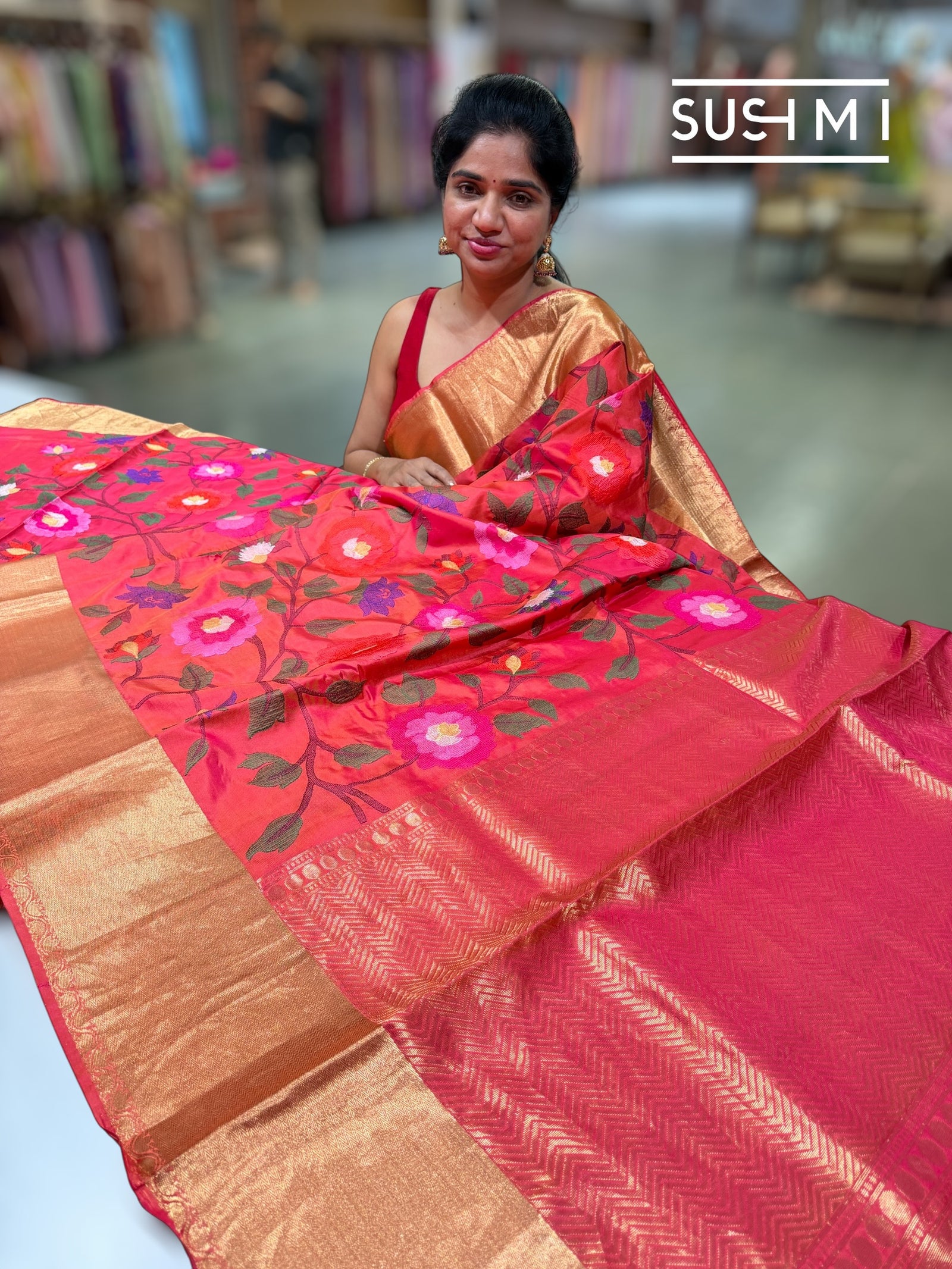 Orangish Pink Kanchi Soft Silk Saree with embroidery : S62F179