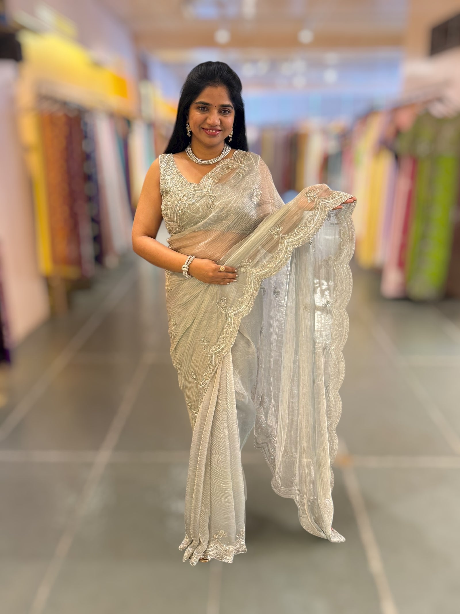 Pastel Bluish silver Crush Tissue handwork Saree