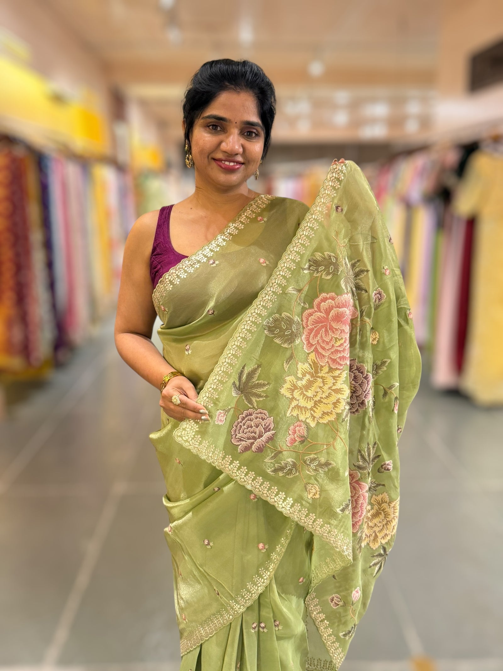 Light Olive Green Tissue Georgette Saree with petite point emb