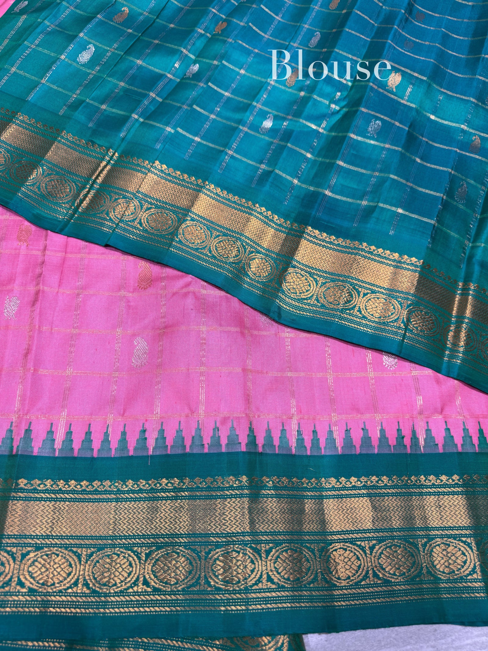 Coral pink vintage checks Gadwal Silk Saree : S62F219