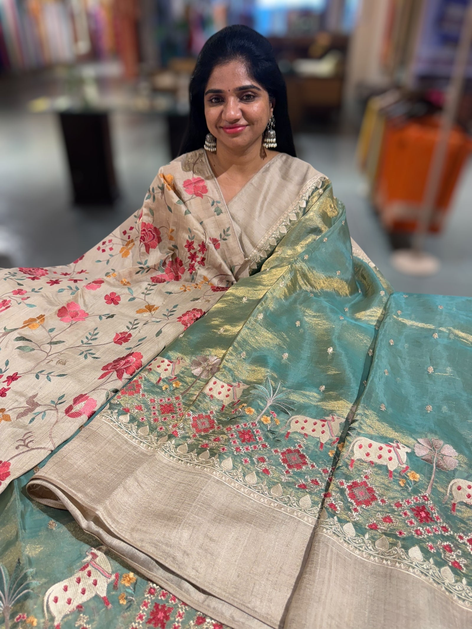 Mint Green Designer Tissue Saree