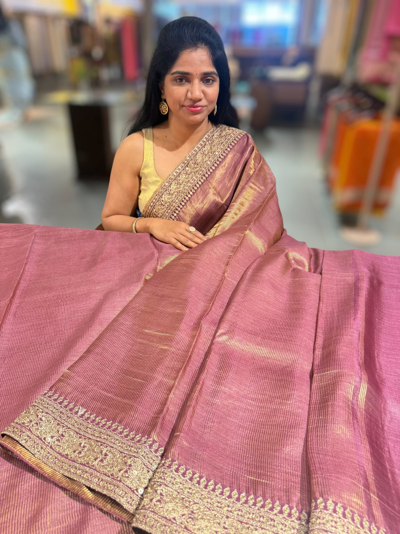 Wine kora Muslin Tissue fusion saree
