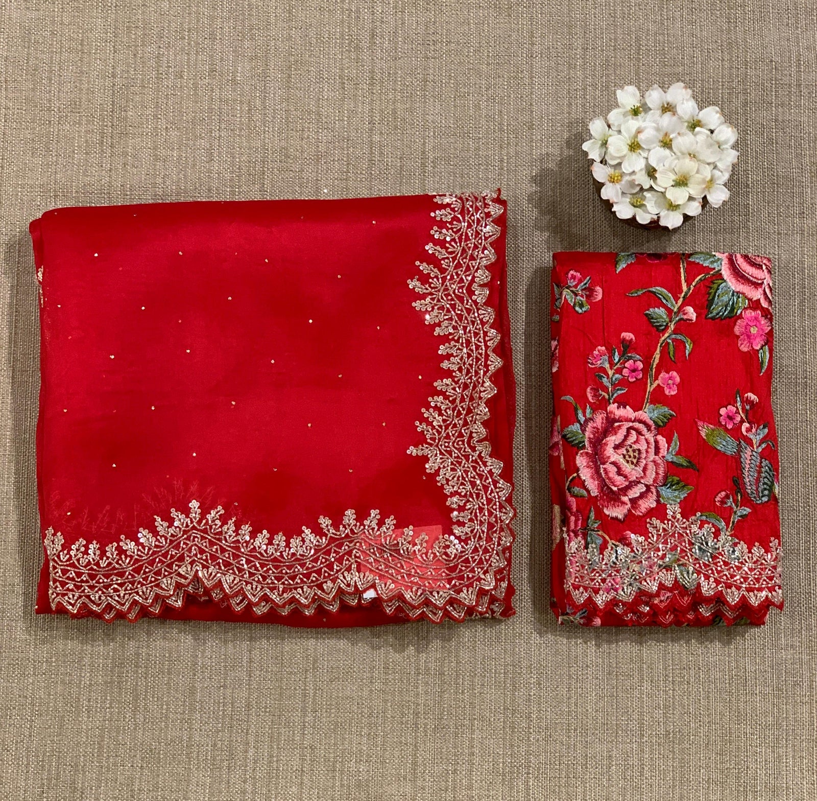 Red Pure Organza Handwork Saree with heavy Designer Blouse