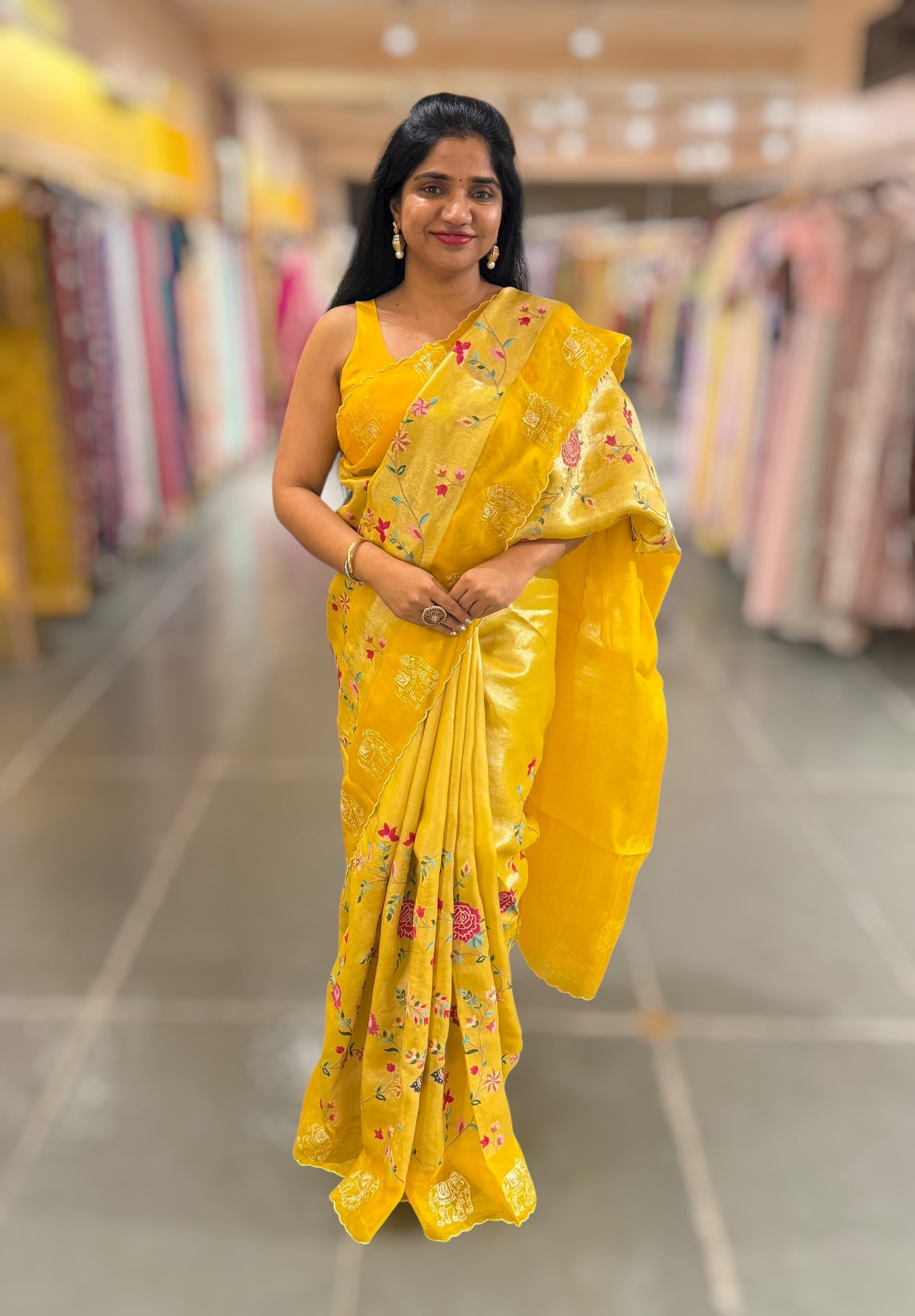 Mango Yellow Premium Handloom Designer Tissue saree with exquisite embroidery