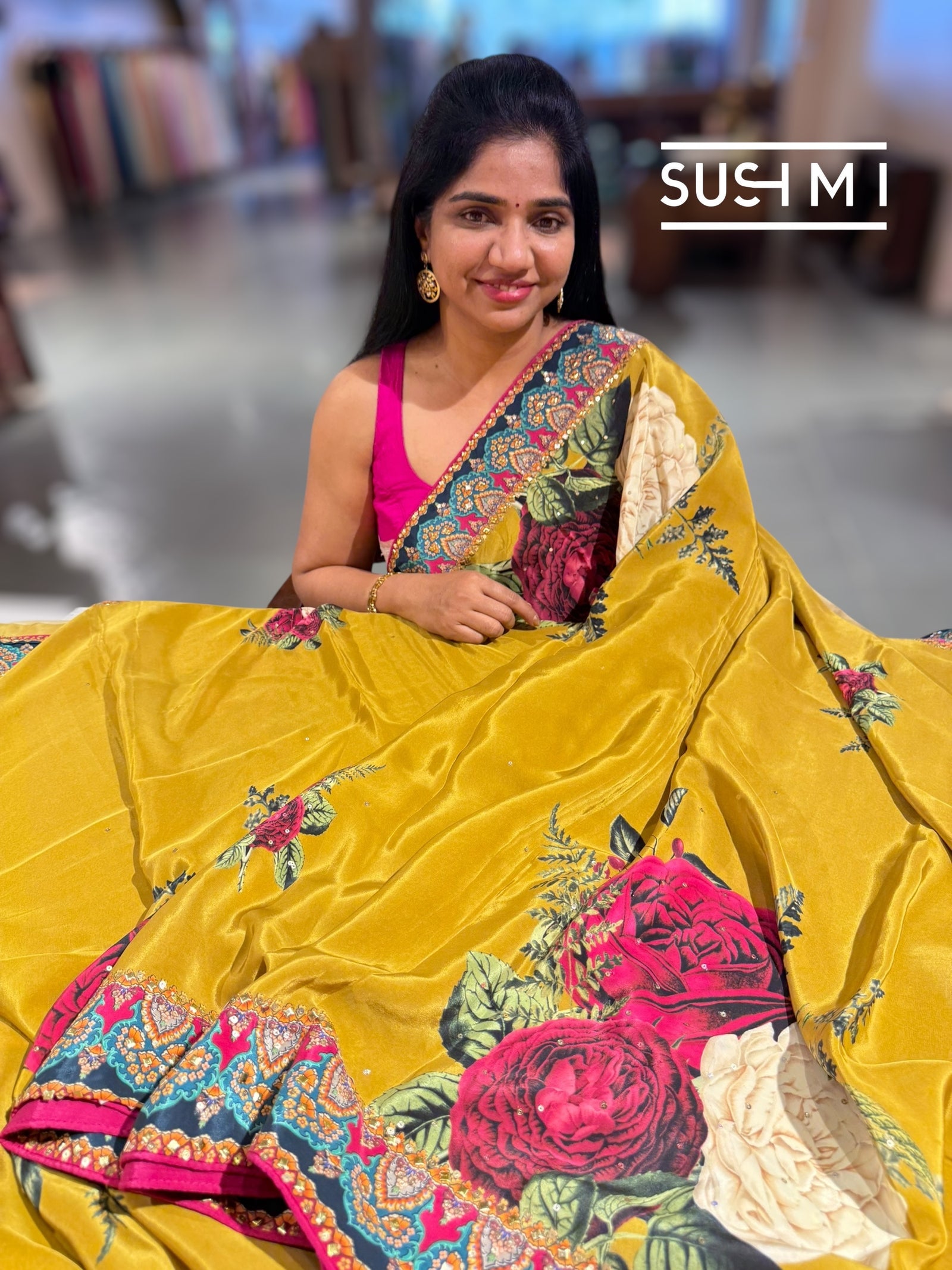 Mustard Gold Designer Crepe Silk Saree : D62F030
