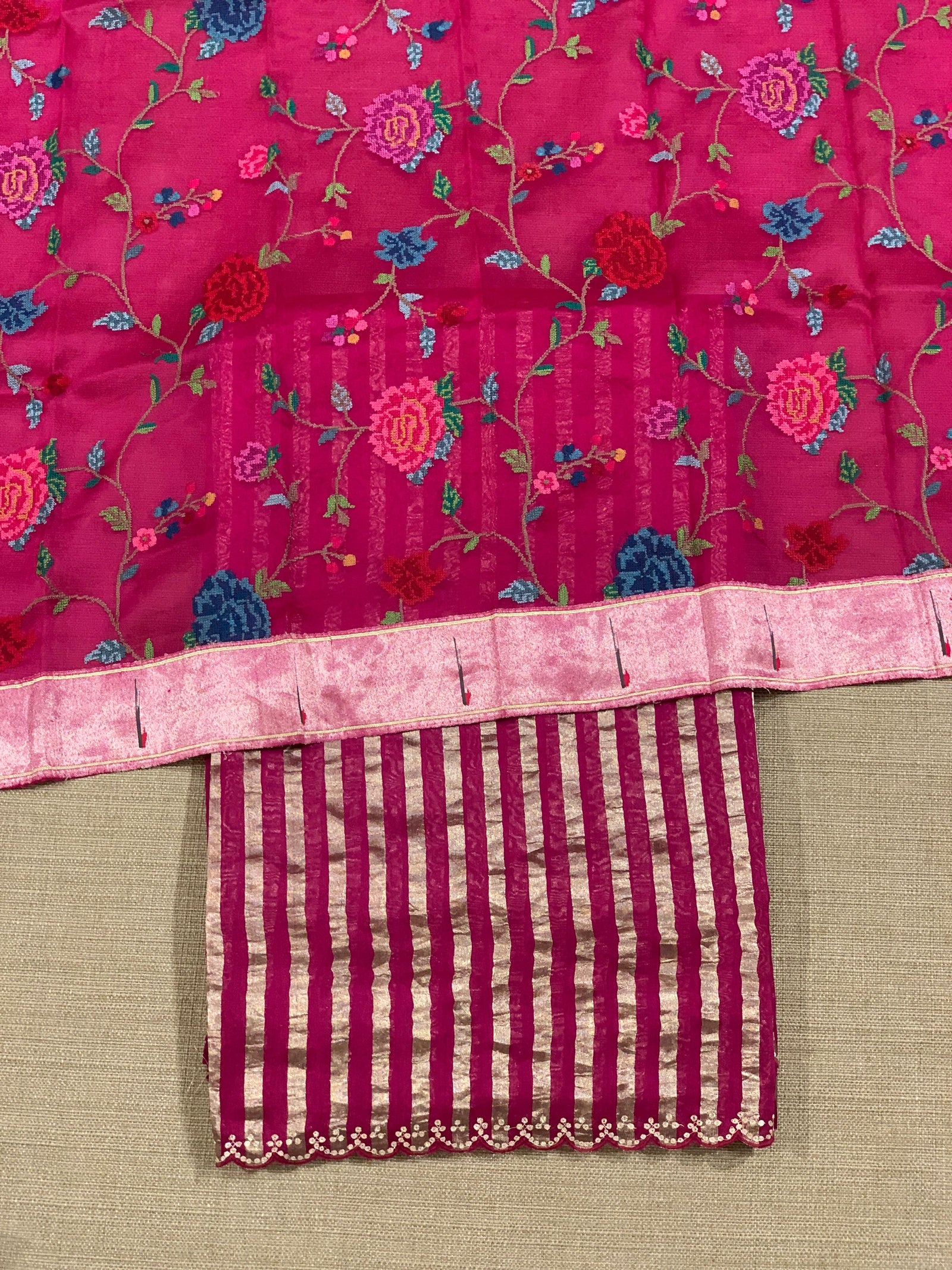 Beetroot Pink Mul tissue stripes saree with fusion blouse : D62138