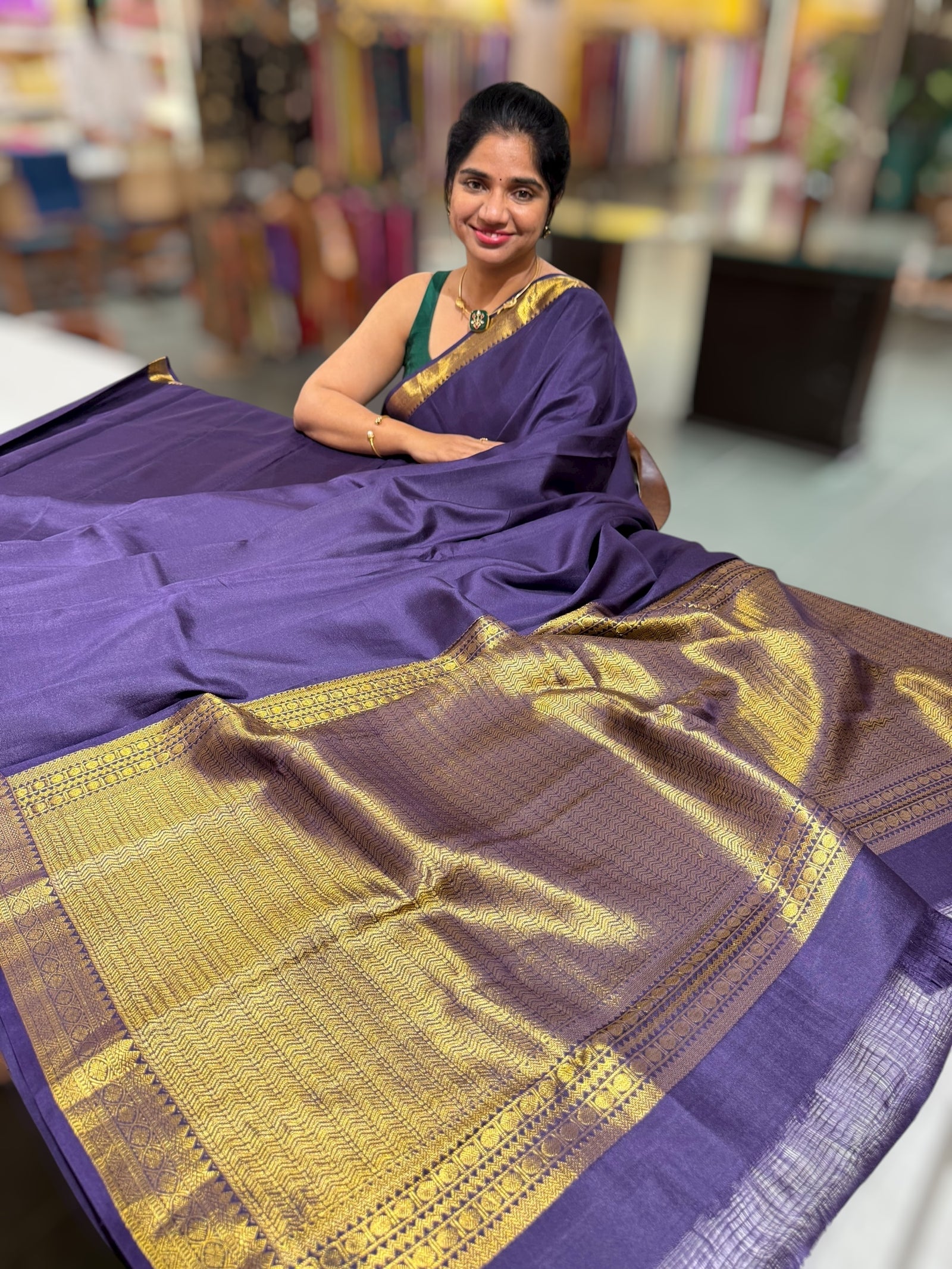 Violet vintage Kanchipuram silk saree with pen kalamkari blouse