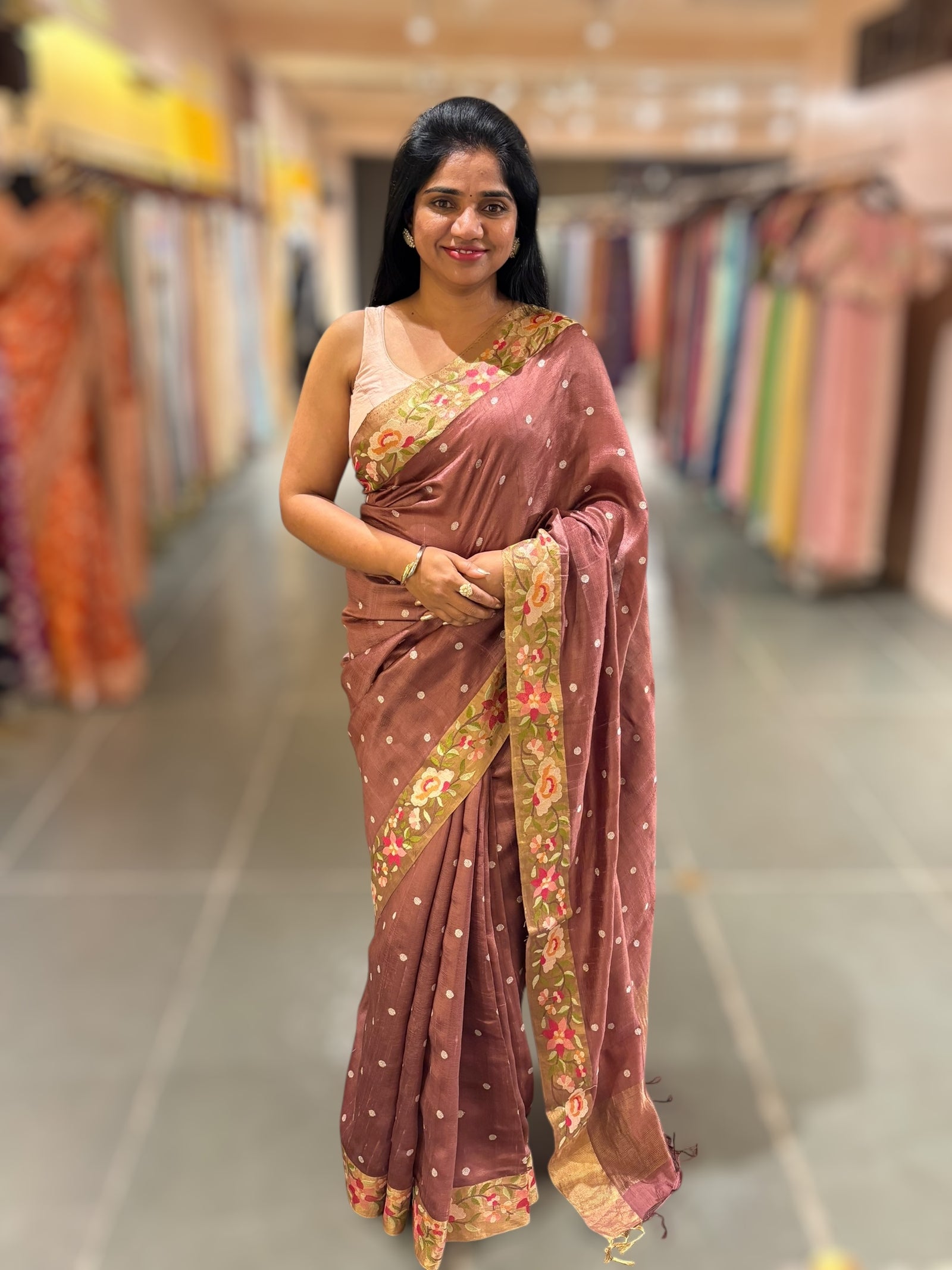 English Brown Raw Silk Saree with Embroidery