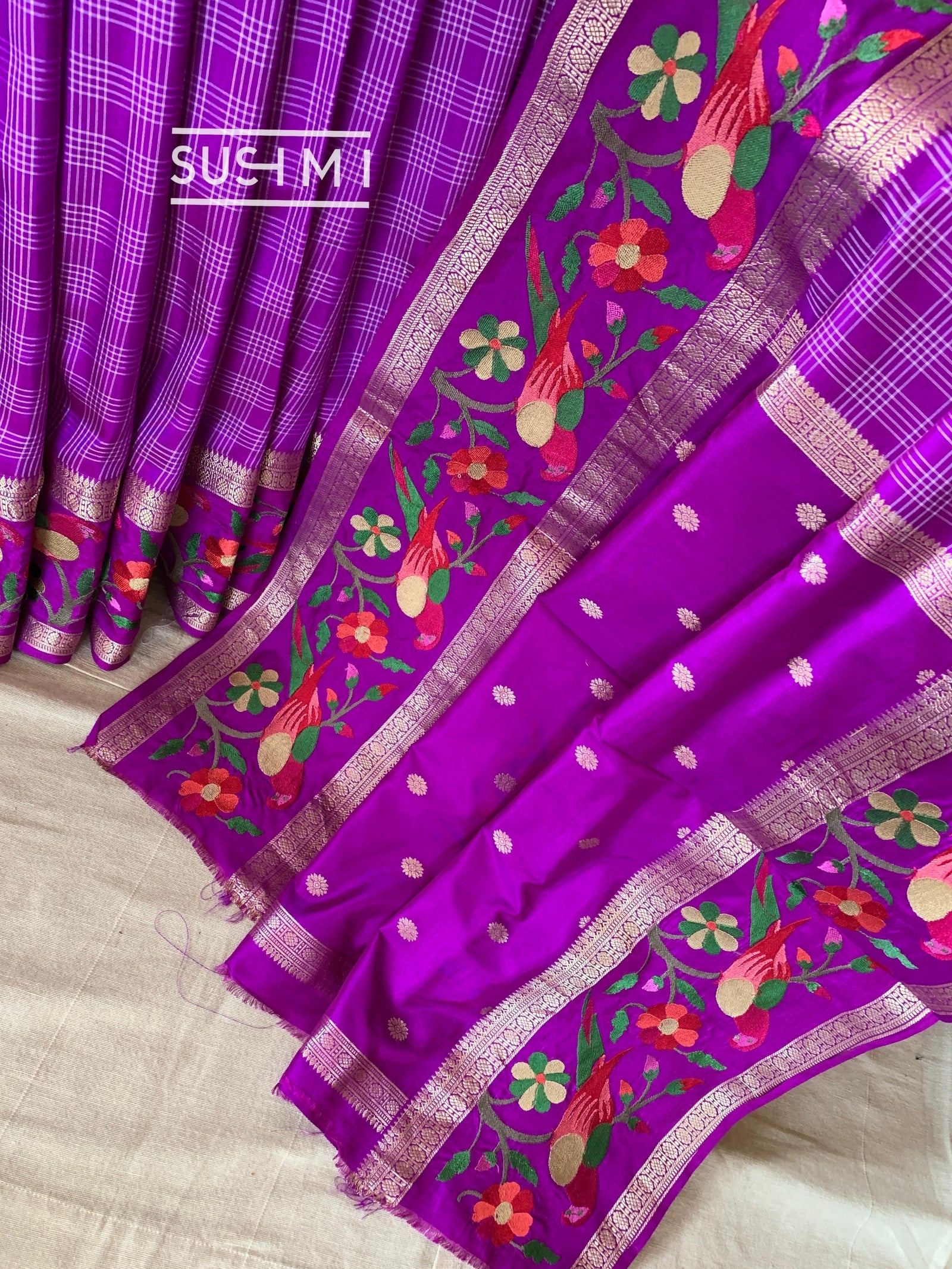Majenta Vintage checks Kanjeevaram soft silk saree with embroidery D62F041