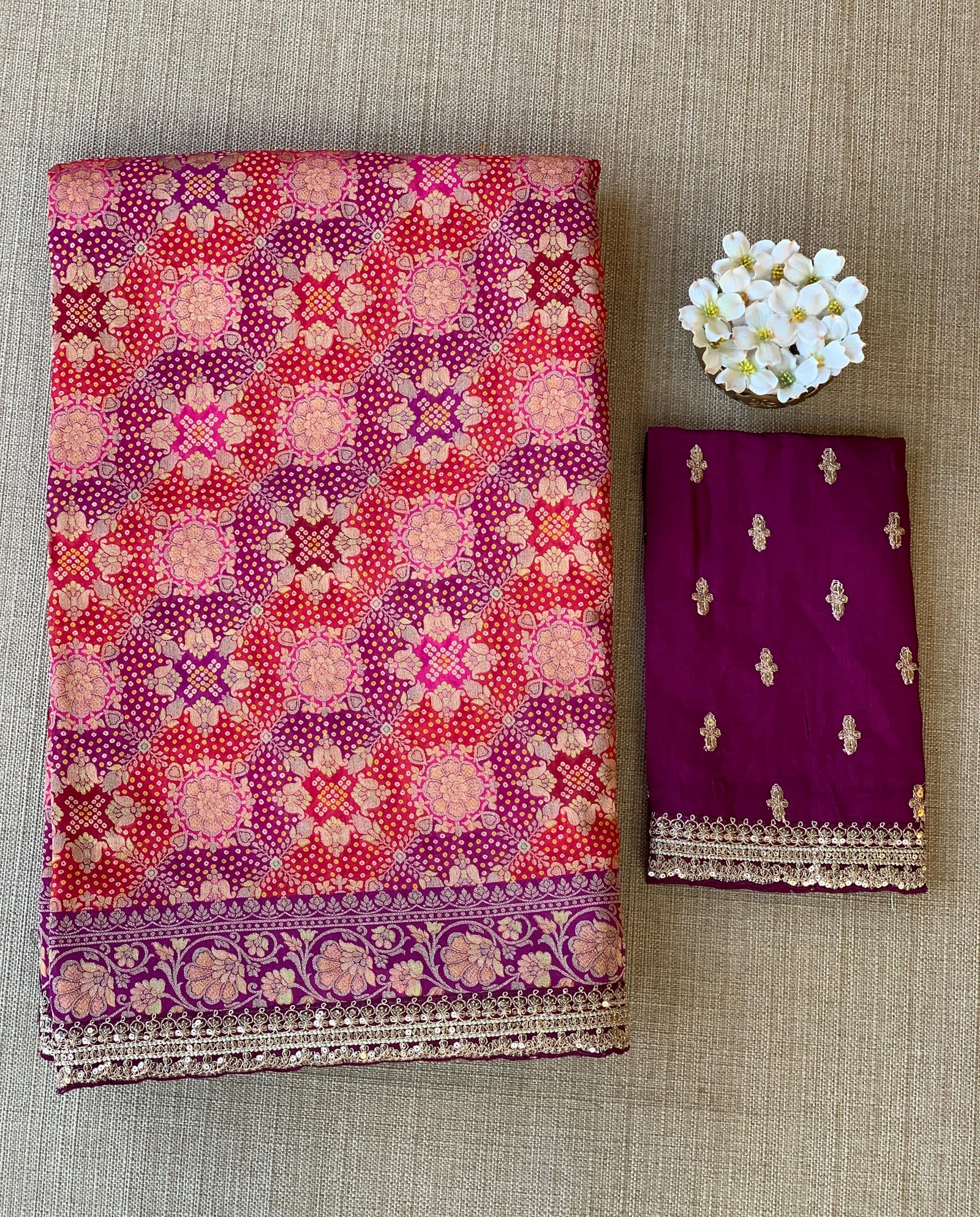 orangish Red & Wine Banarasi bandhini georgette