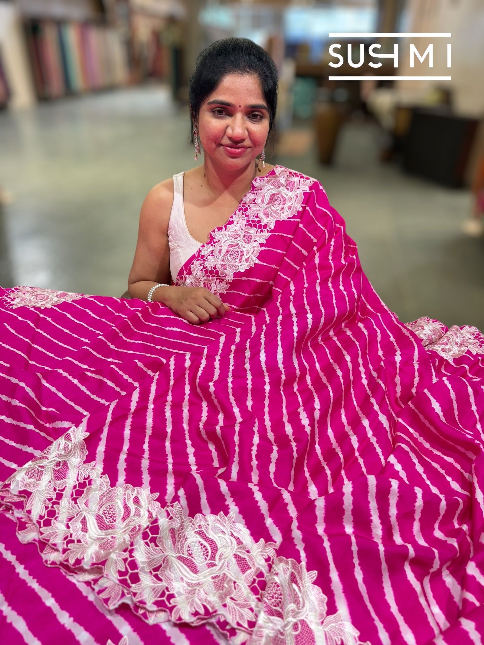 Fuschia Pink habutai Satin Silk lehariya Saree S62F065