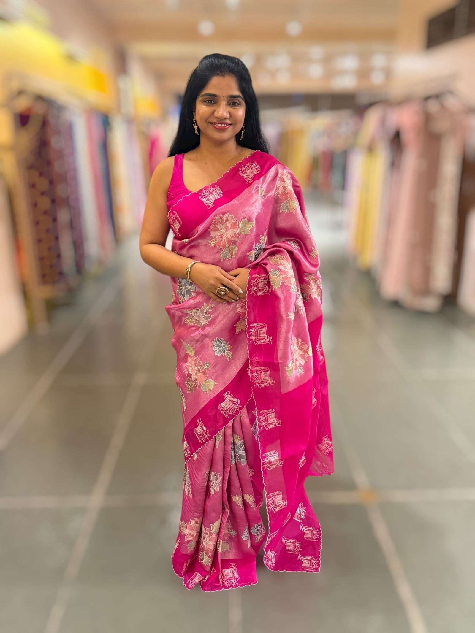 Fushcia Pink Premium Handloom Designer Tissue saree with exquisite embroidery