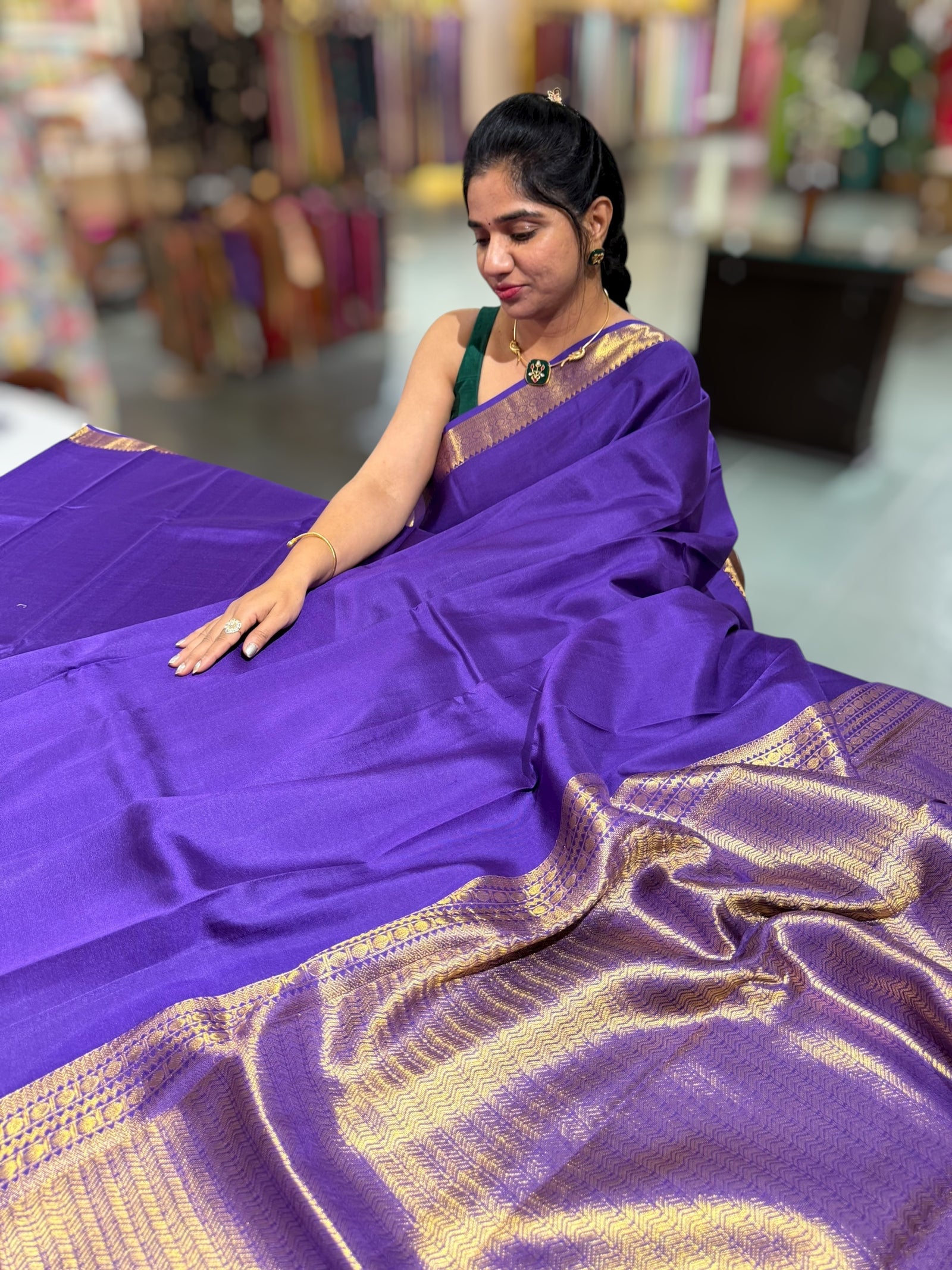 Brinjal vintage Kanchipuram silk saree with pen kalamkari blouse