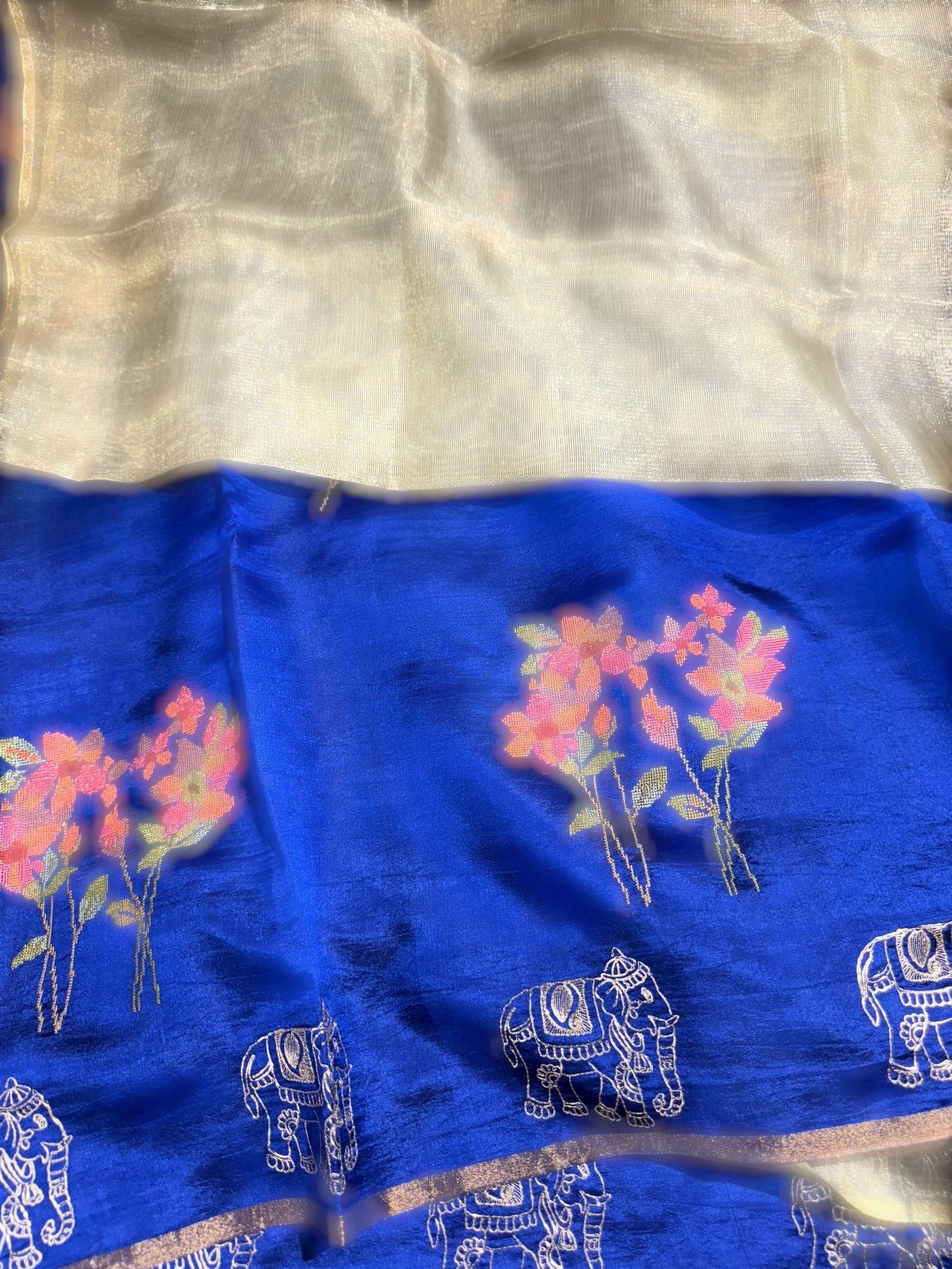 Electric Blue Banarasi Silk Saree with petite point & Pita embroidery
