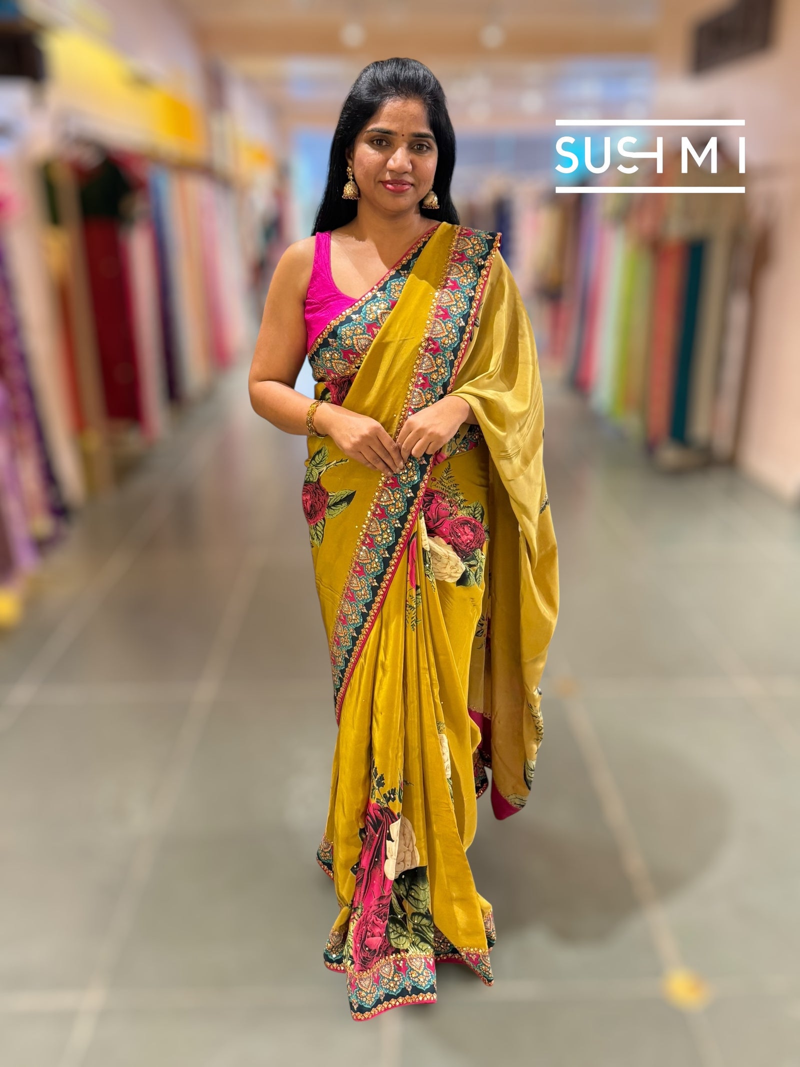 Mustard Gold Designer Crepe Silk Saree : D62F030