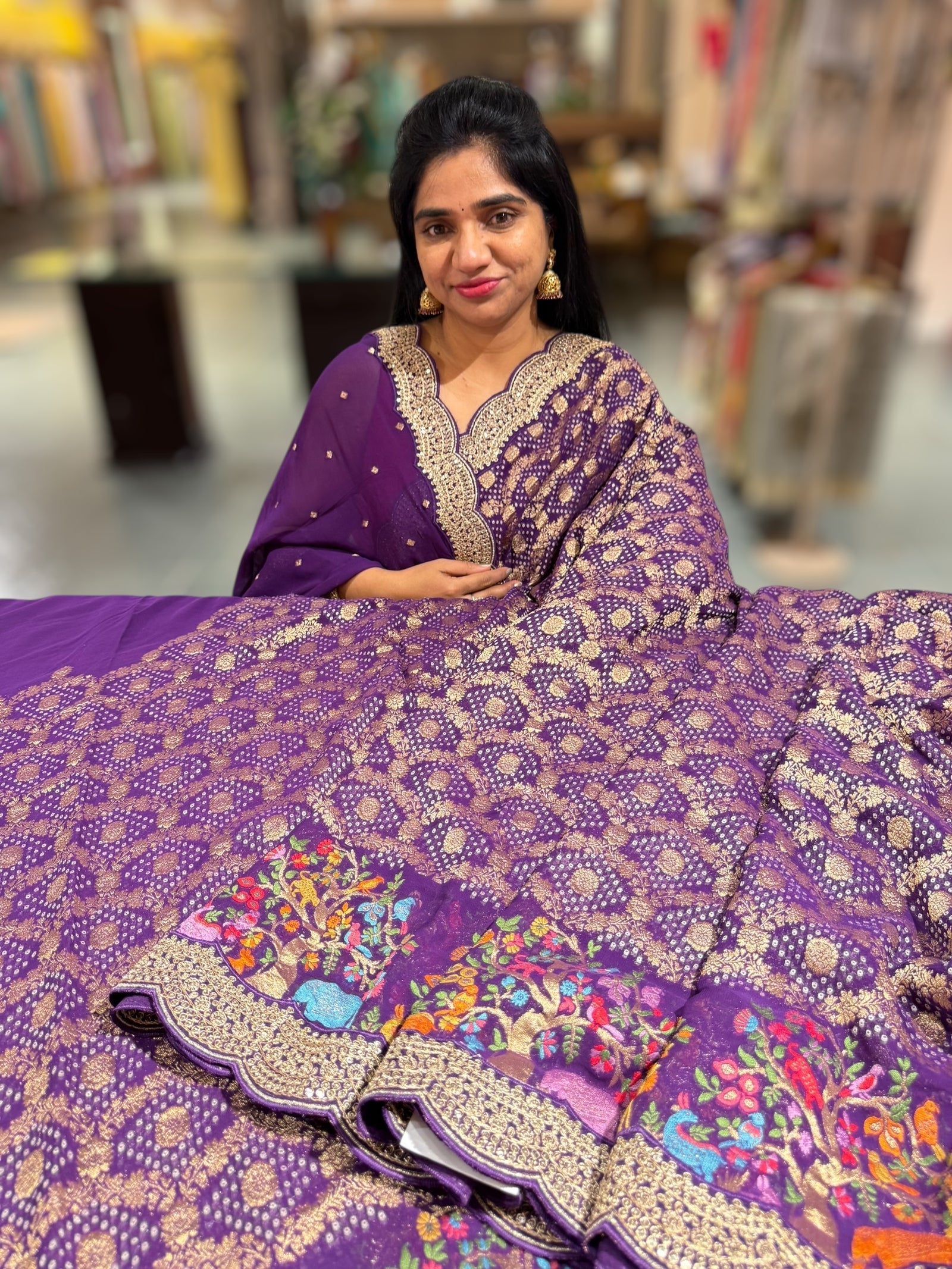 Brinjal Bandhini Georgette Saree with sabya style scallop border