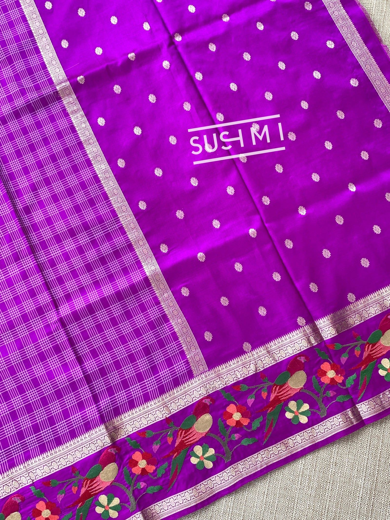 Majenta Vintage checks Kanjeevaram soft silk saree with embroidery D62F041