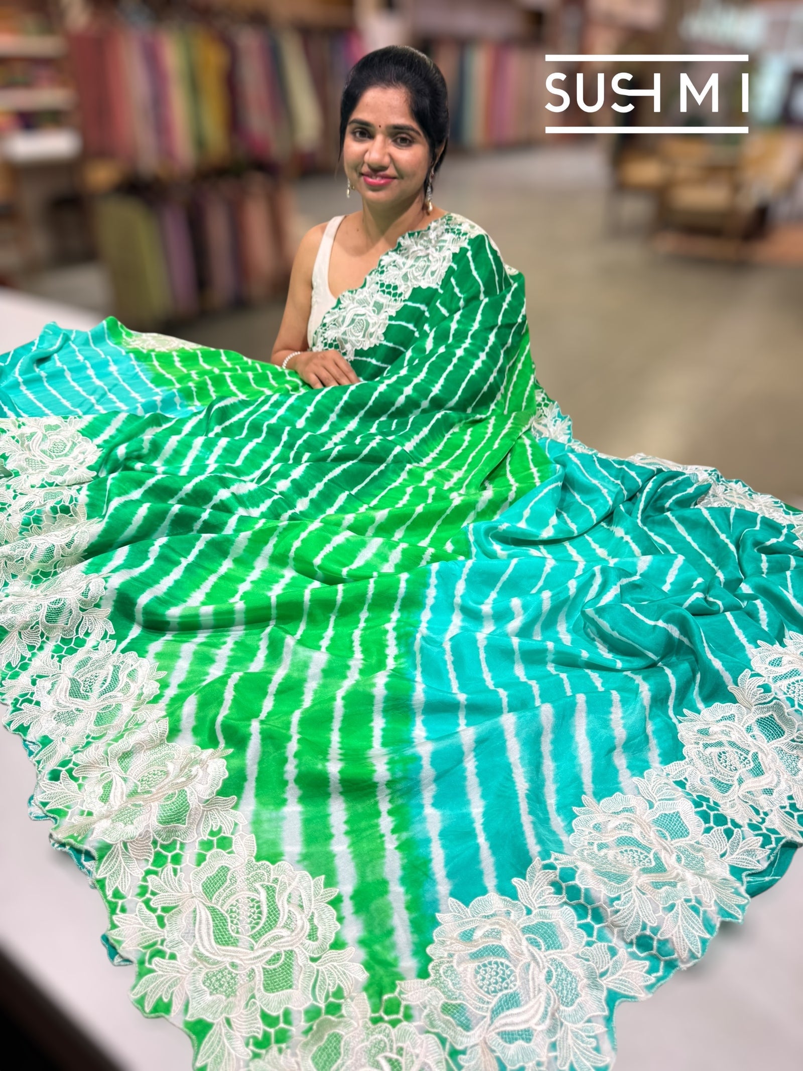 Green ombre dyed habutai Satin Silk lehariya Saree S62F066