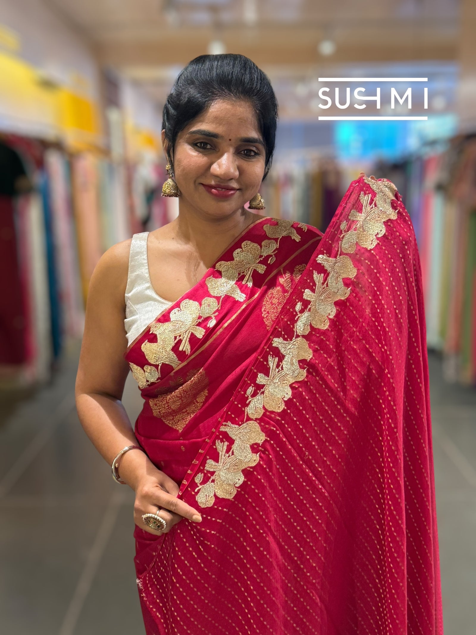 Dark Ruby Pink Mysore silk saree with woven motif and embroidered border : D62128