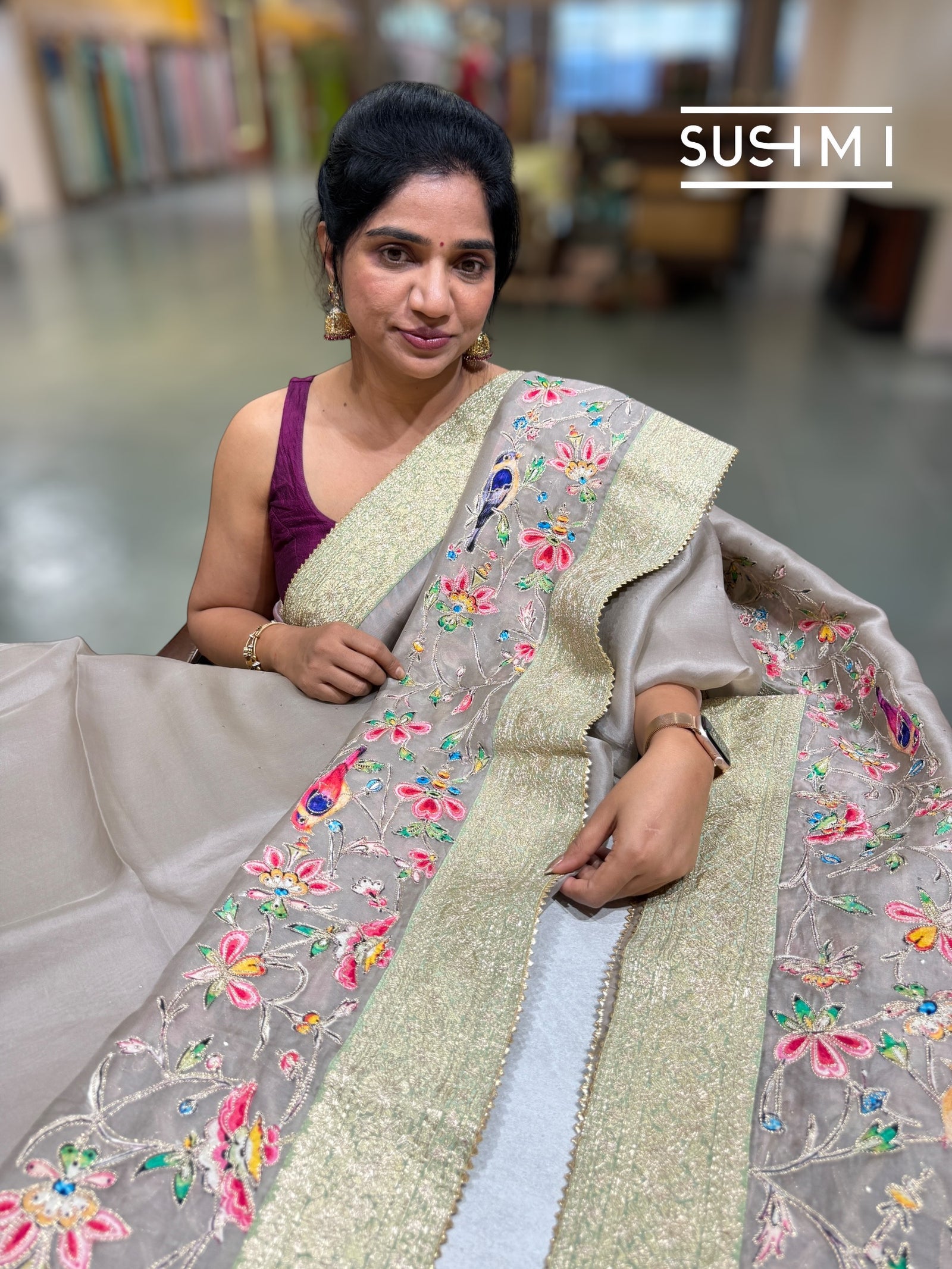 Muted Earthy Dove tone Organza Banarasi Fusion Saree with Bird Appliqué : SM022