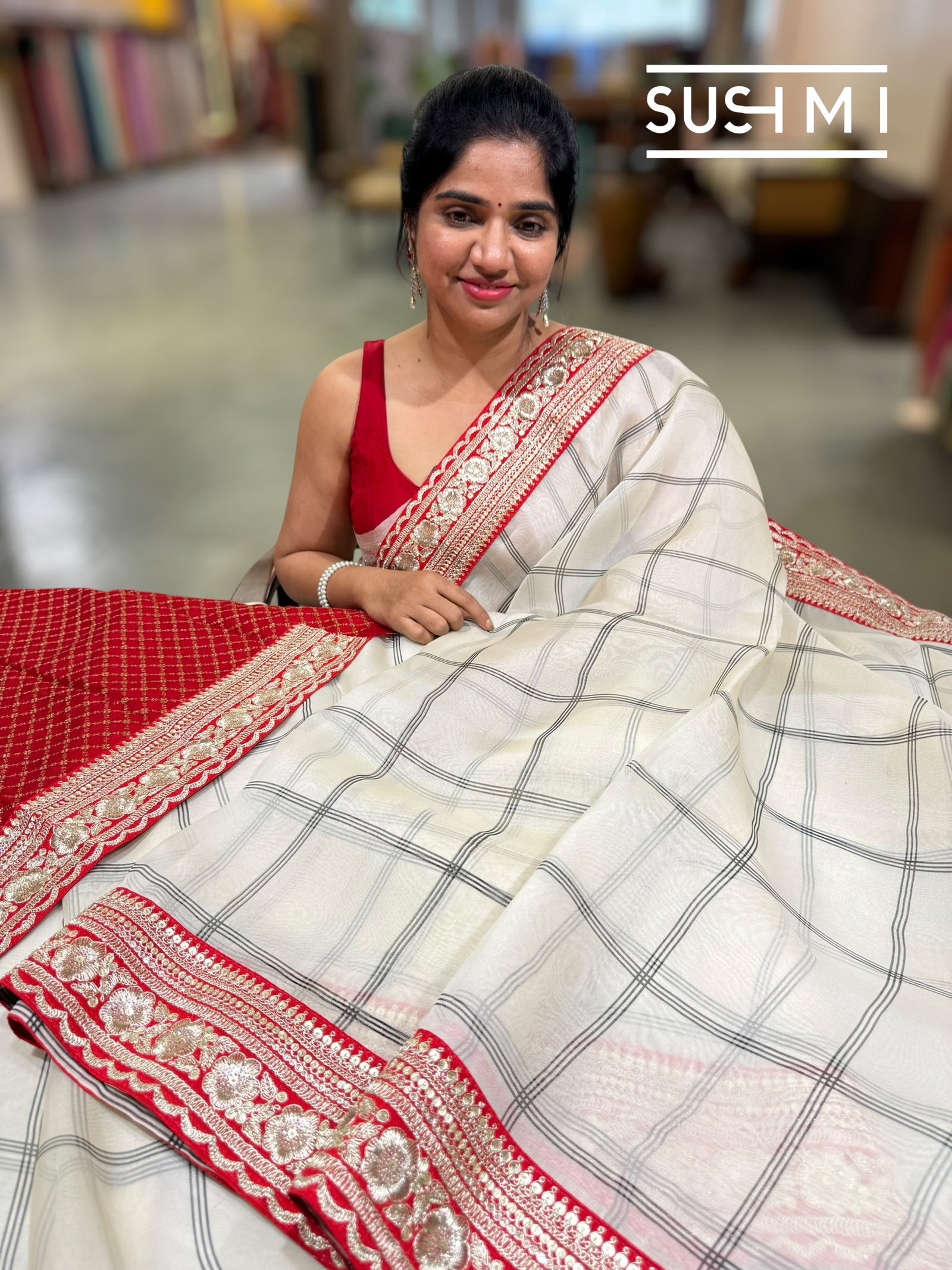 Ivory checks Organza with Sabhya inspired borders : S62F069