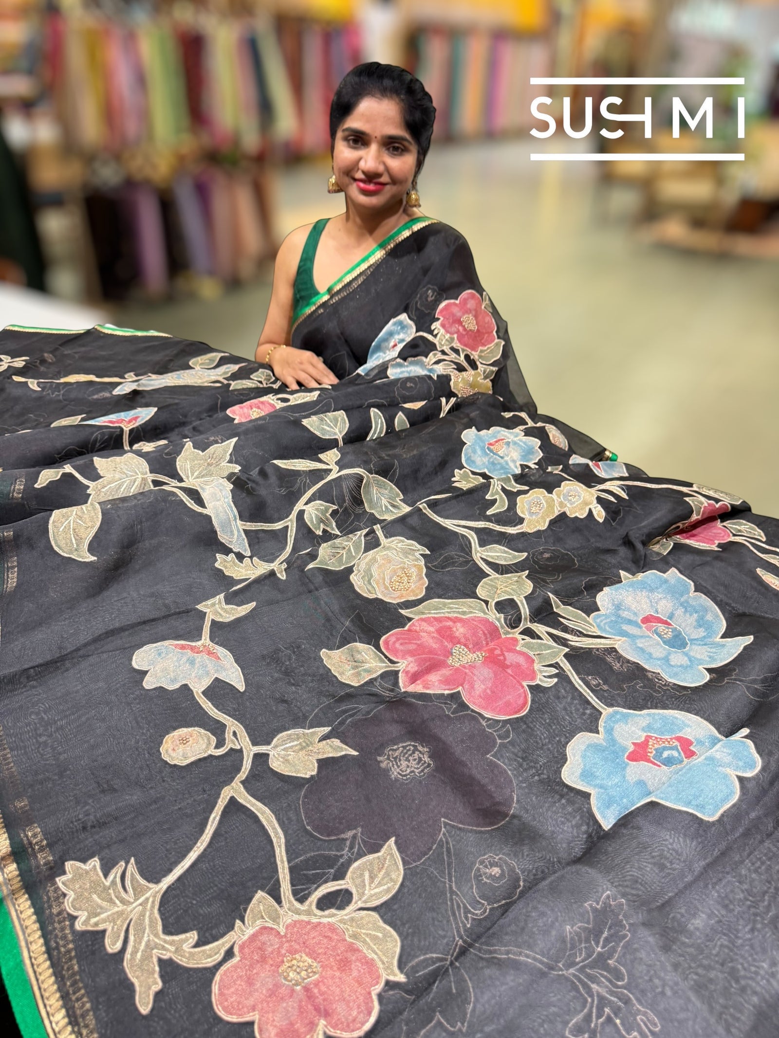 Black Designer Organza with Tissue applique work : S62F094