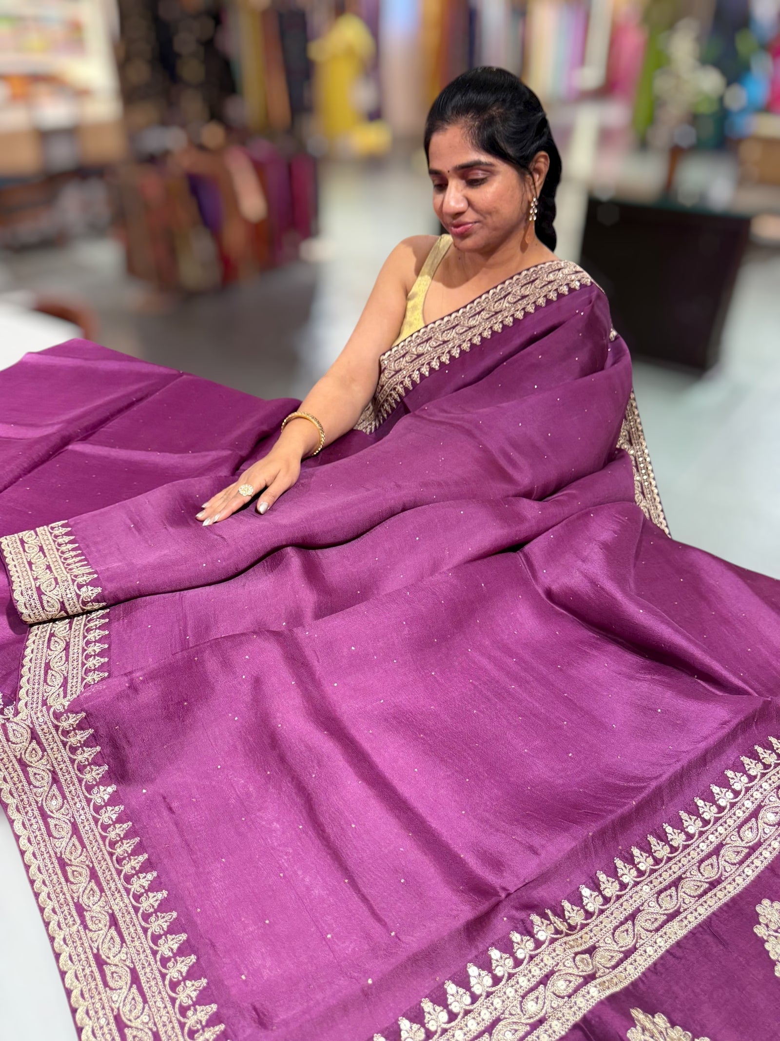 Wine Pure Organza Saree with allover mukaish work & sabyasachi borders