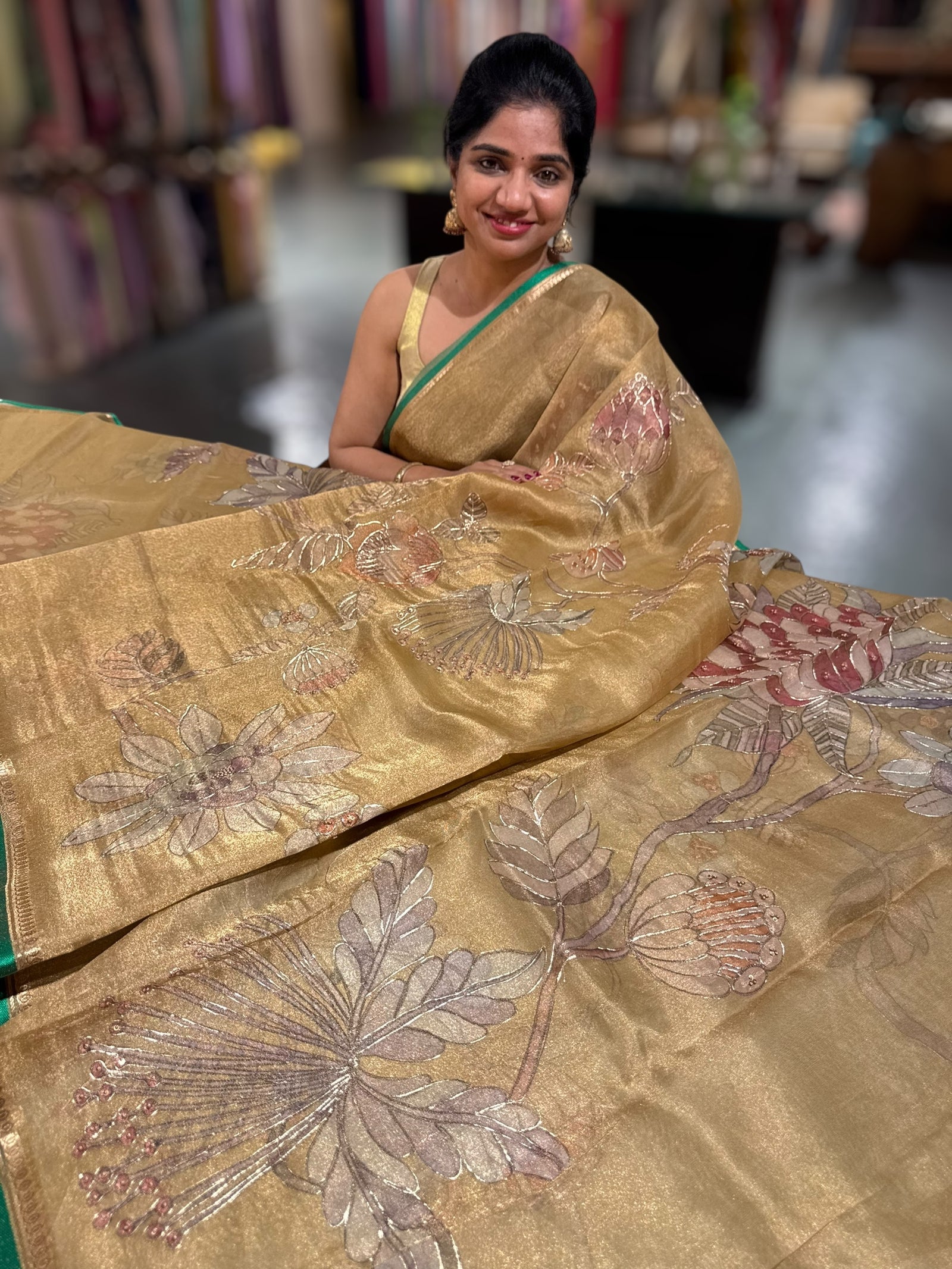 Gold Printed Banarasi Tissue with Handwork