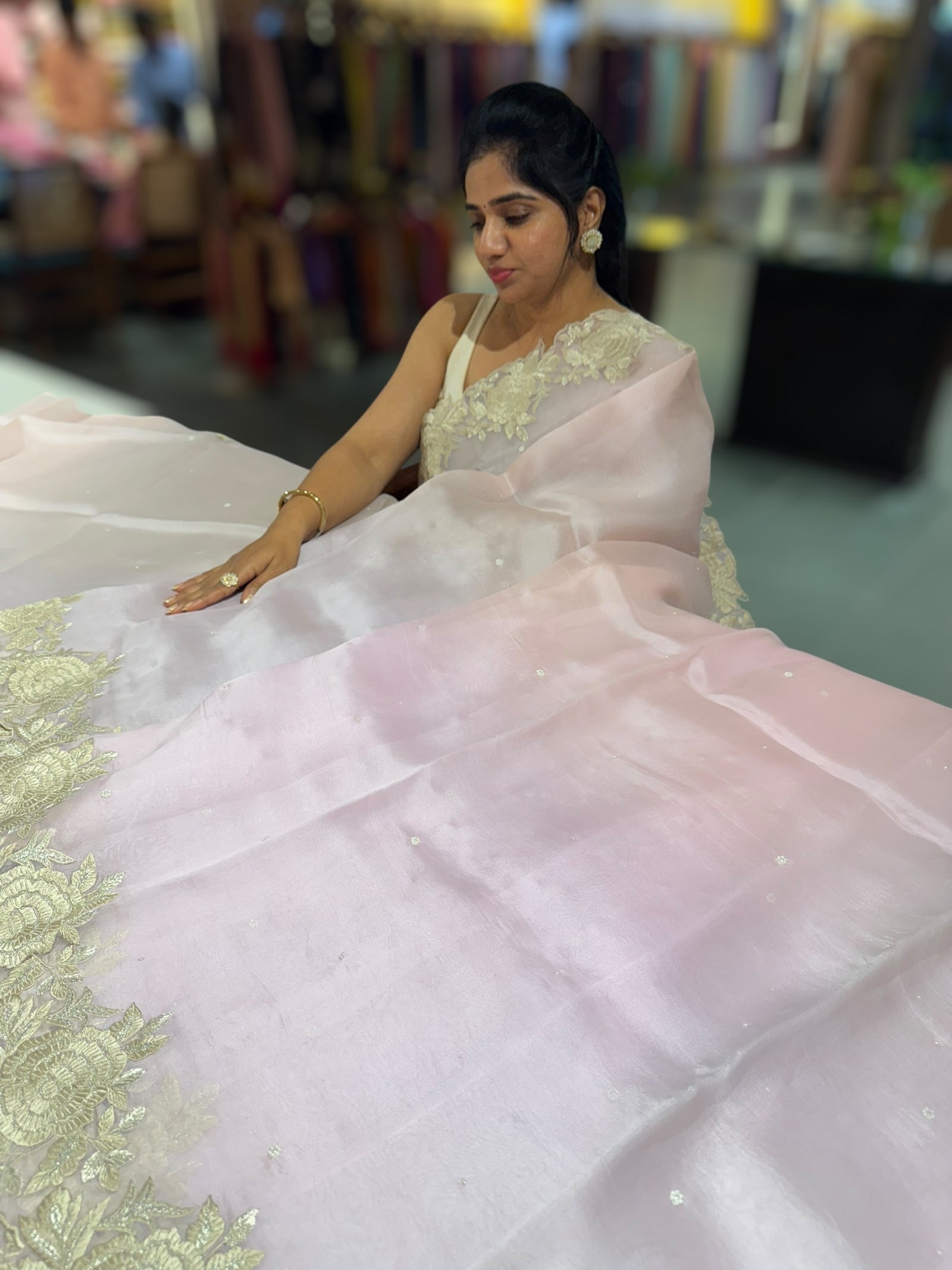 Ombre dyed Pure Organza Saree with parsi gara embroidery