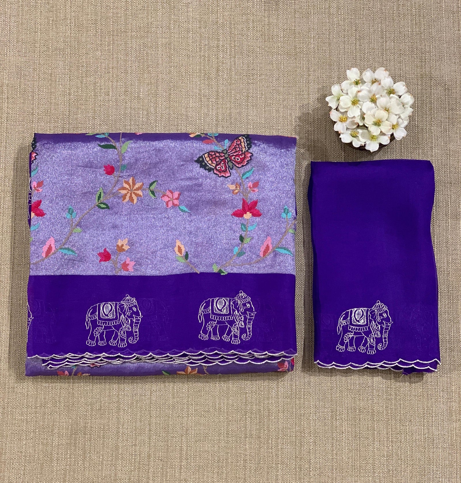 Purple Premium Handloom Designer Tissue saree with exquisite embroidery