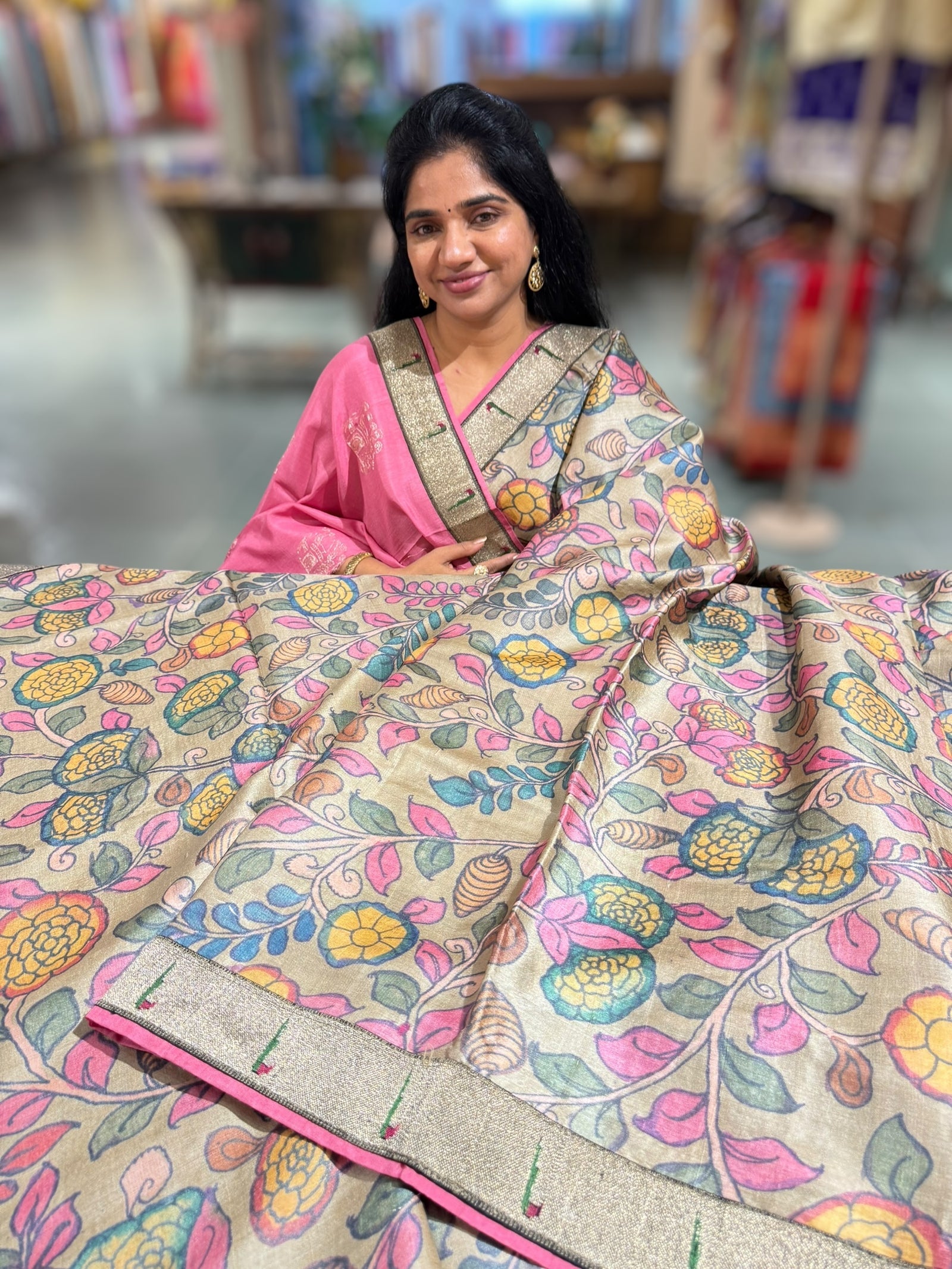 Pure Handloom Tussar kalamkari Saree with pythani single muniya borders
