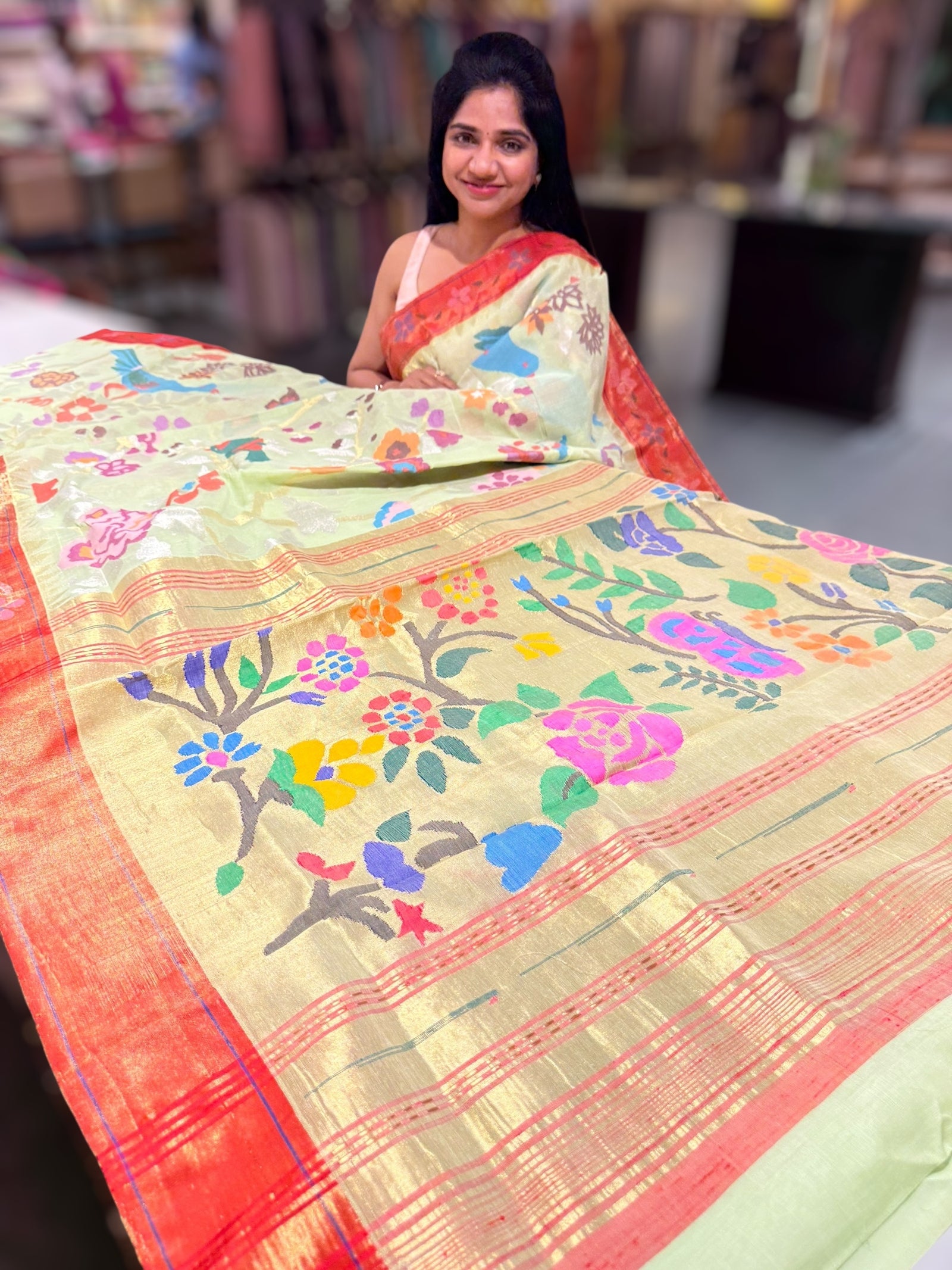 Mint allover ponduru khadi jamdani with paithani borders & Pallu