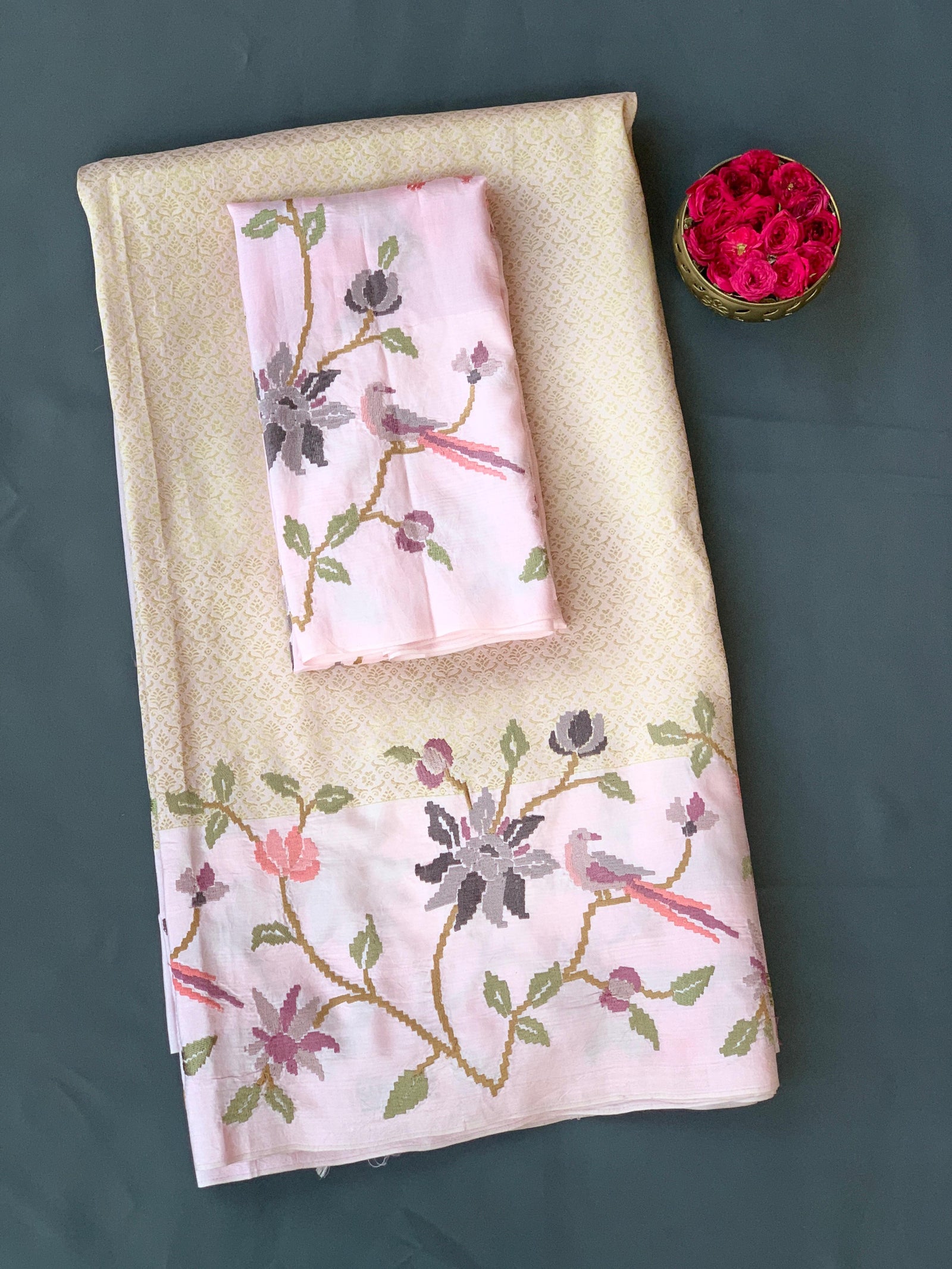 Pastel Pink Brocade Kanjeevaram with embroidery D62F037