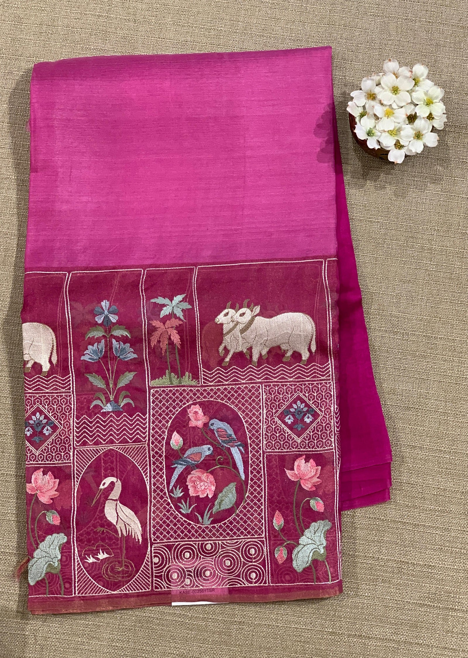 Majenta Pink Kora-Tussar blend Handloom Saree with Tissue embroidered Skirt Border