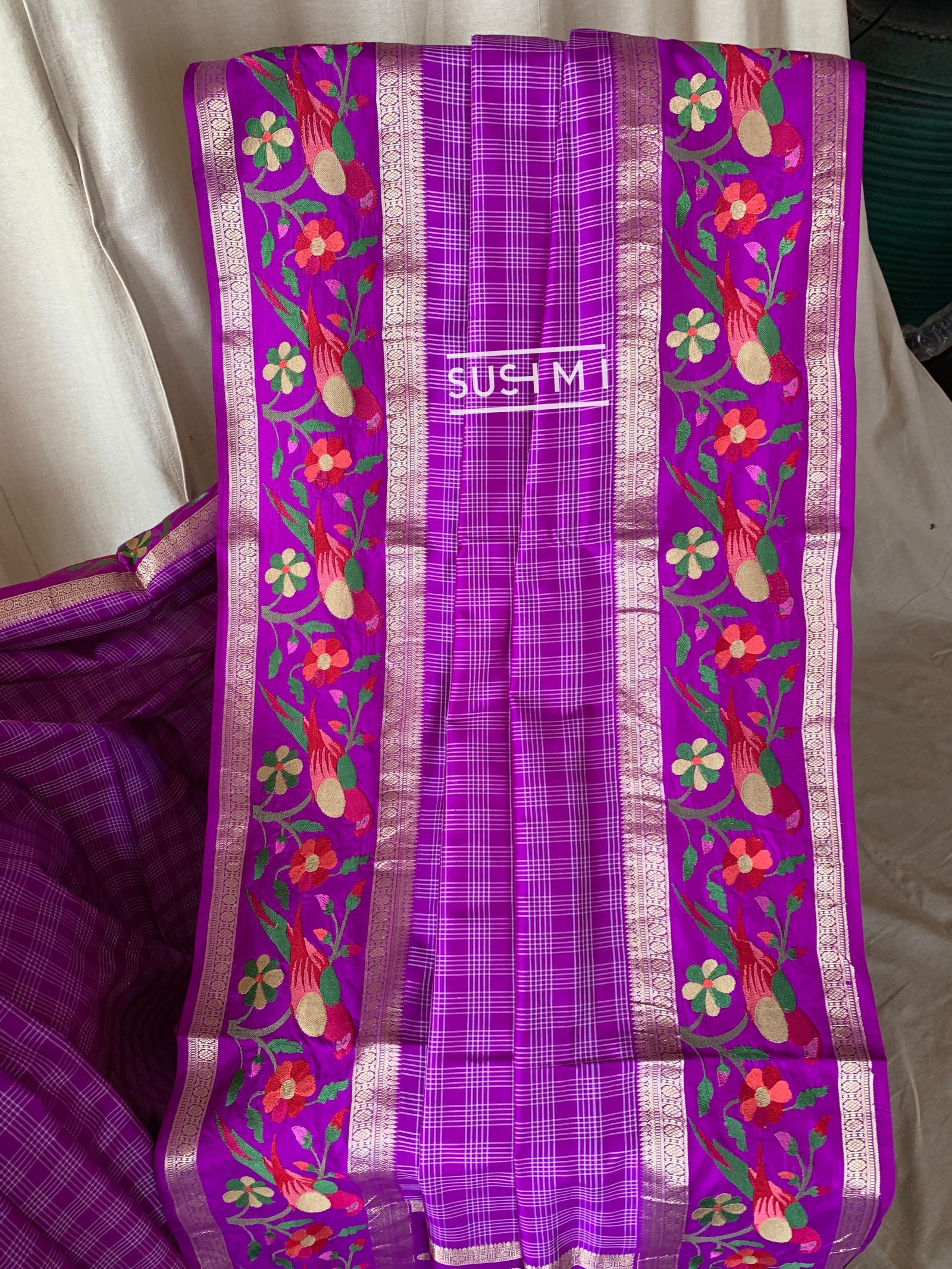 Majenta Vintage checks Kanjeevaram soft silk saree with embroidery D62F041