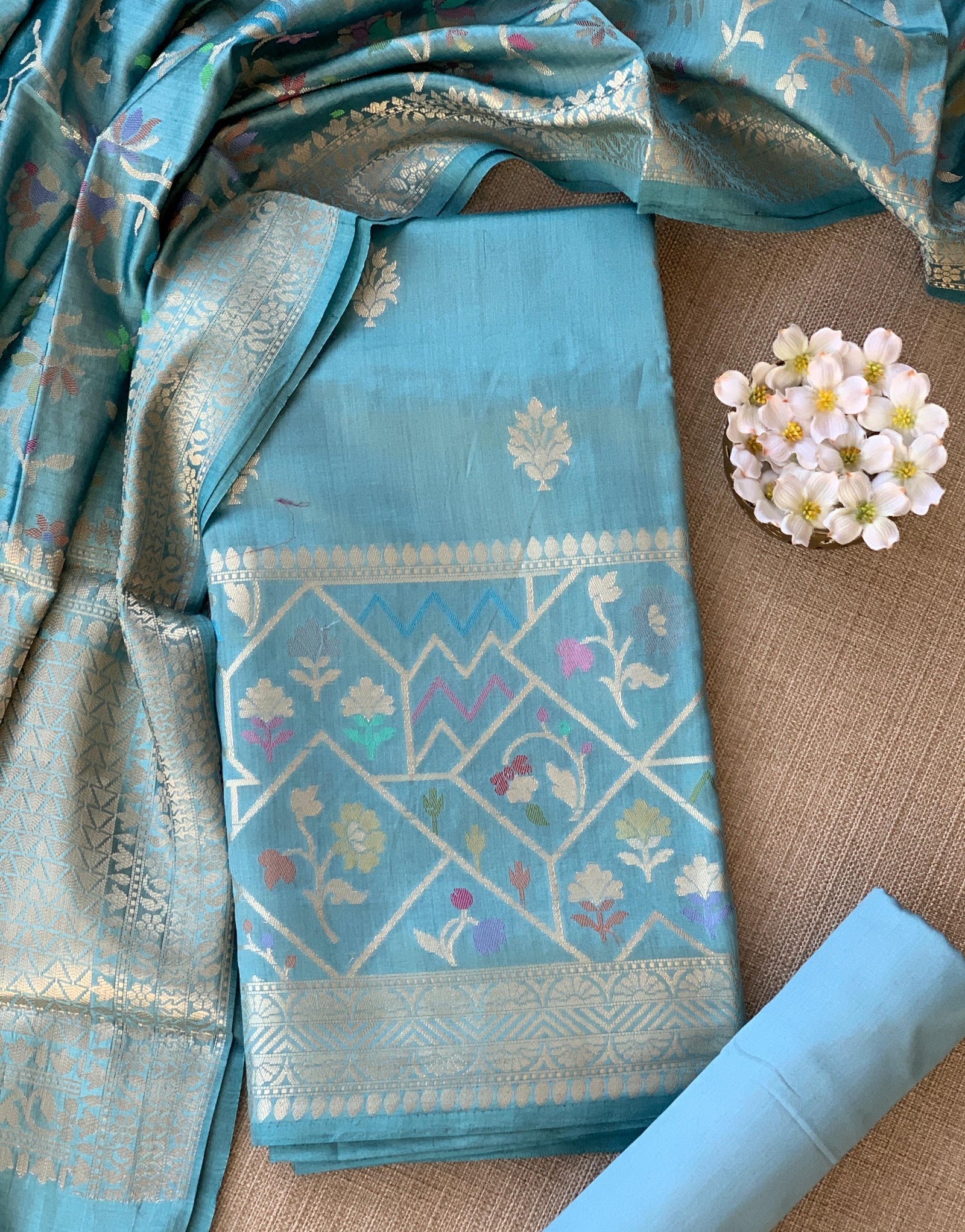 Powder Blue Banarasi Chiniya Silk 3-pc Suit set : SS62J02