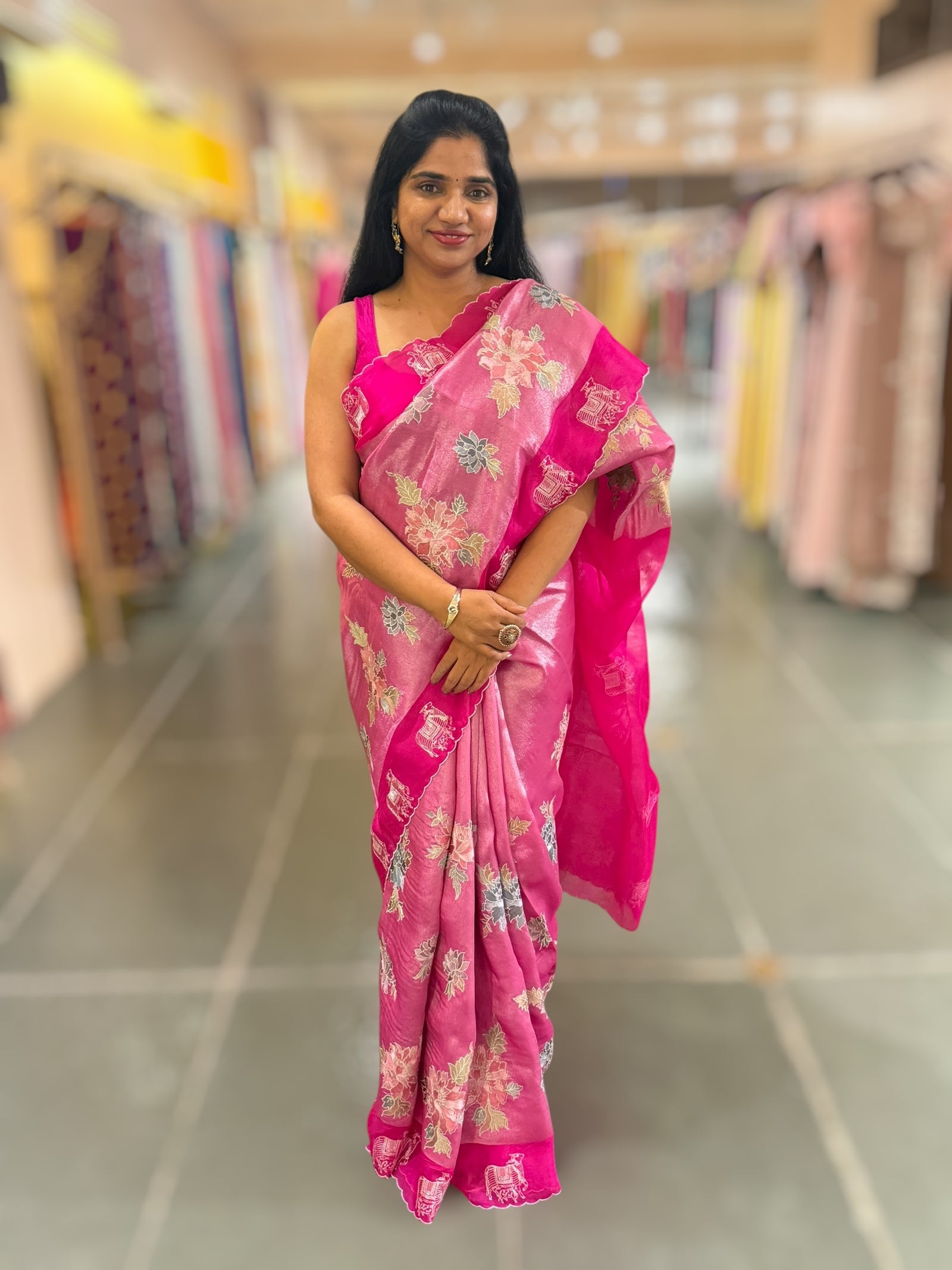 Fushcia Pink Premium Handloom Designer Tissue saree with exquisite embroidery