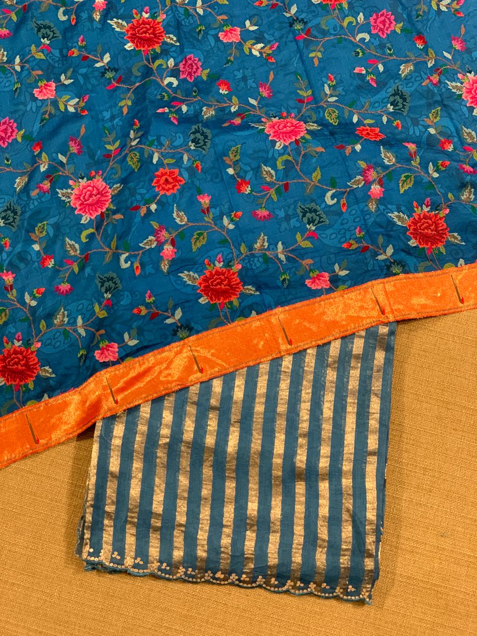 Cobalt Blue Mul tissue stripes saree with fusion blouse : D62137