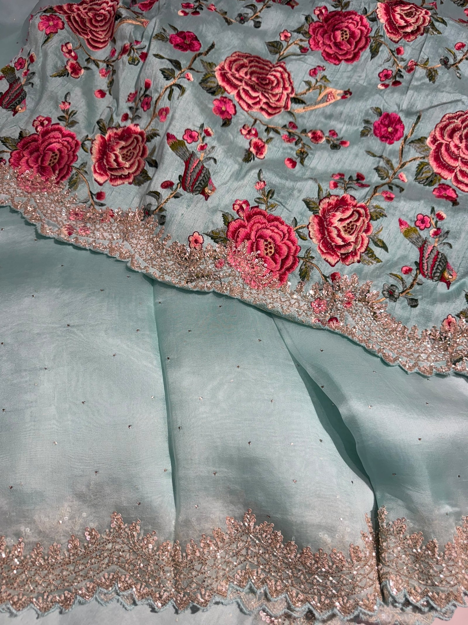 Mint Blue Pure Organza Handwork Saree with heavy Designer Blouse