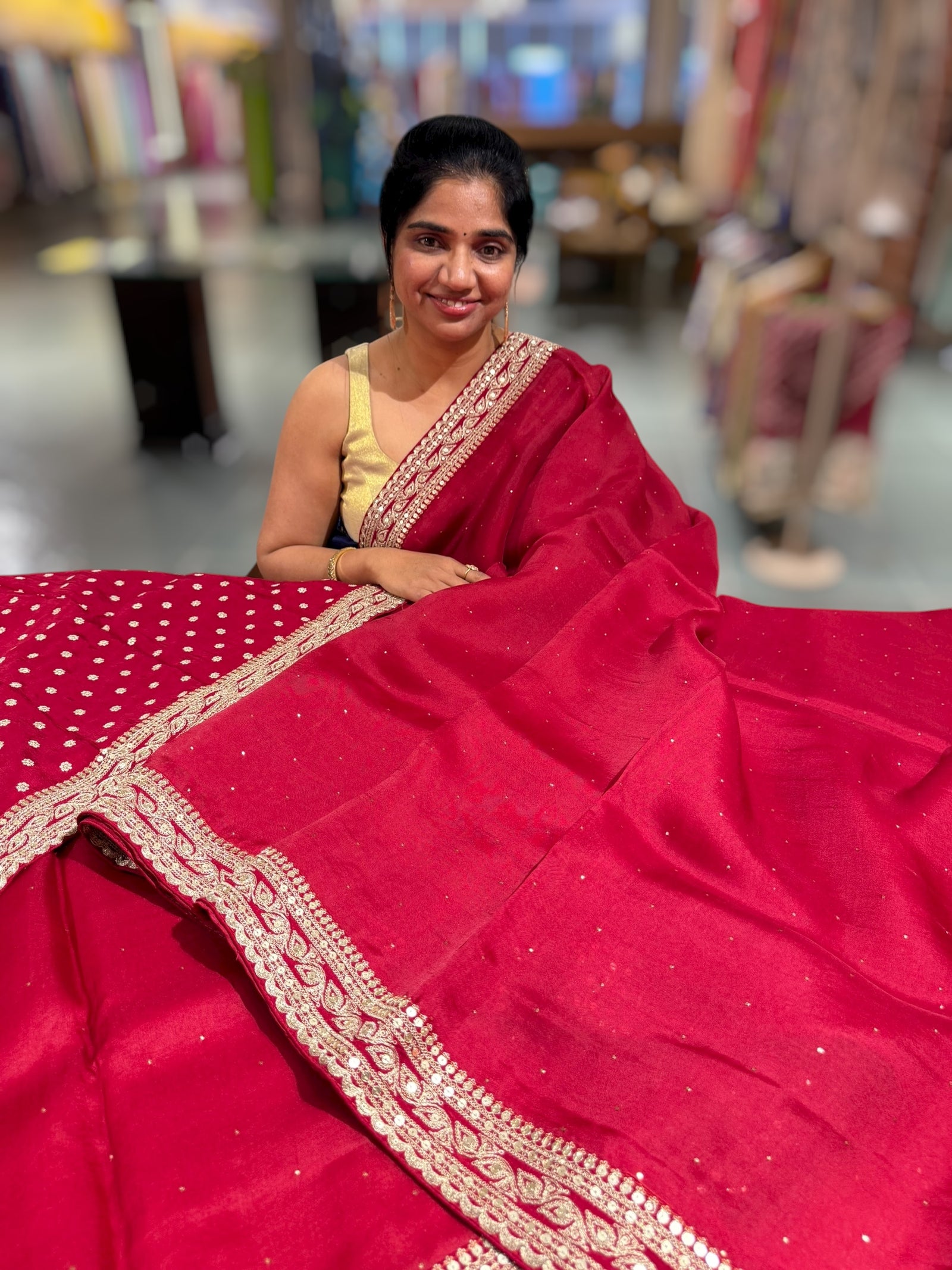 Maroon Red Pure Organza Saree with allover mukaish work & sabyasachi borders
