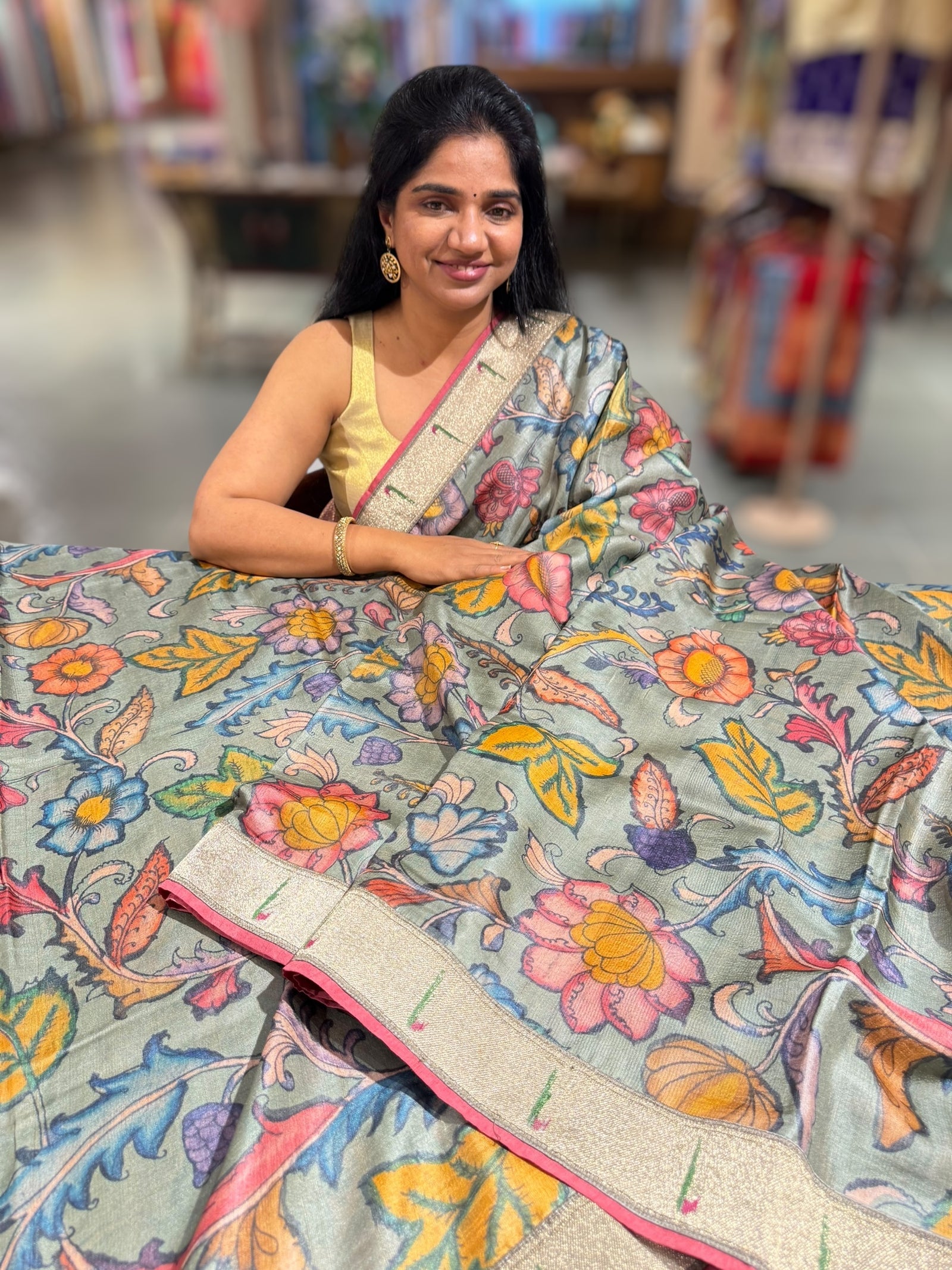 Pure Handloom Tussar kalamkari Saree with pythani single muniya borders