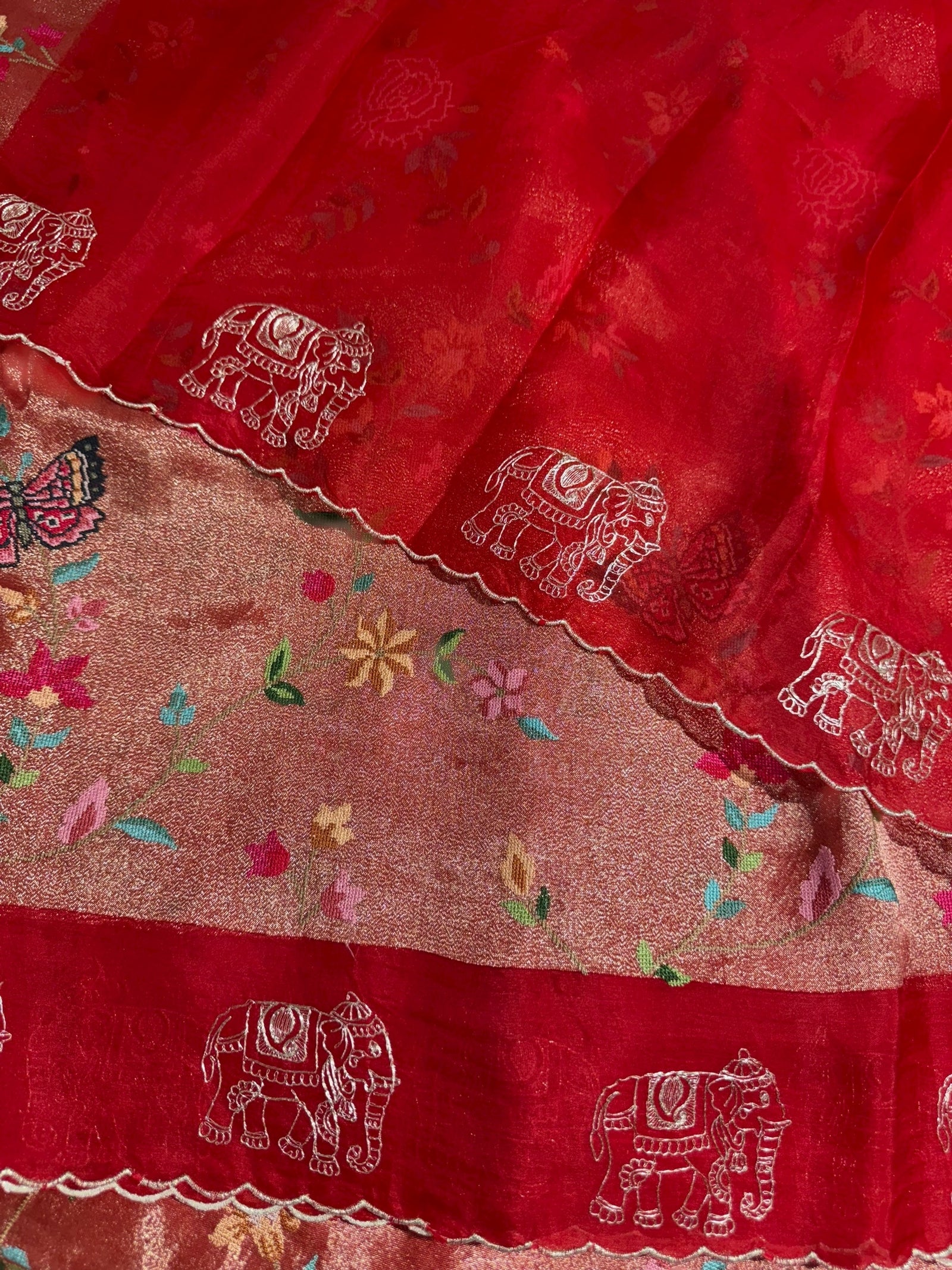 Red Premium Handloom Designer Tissue saree with exquisite embroidery