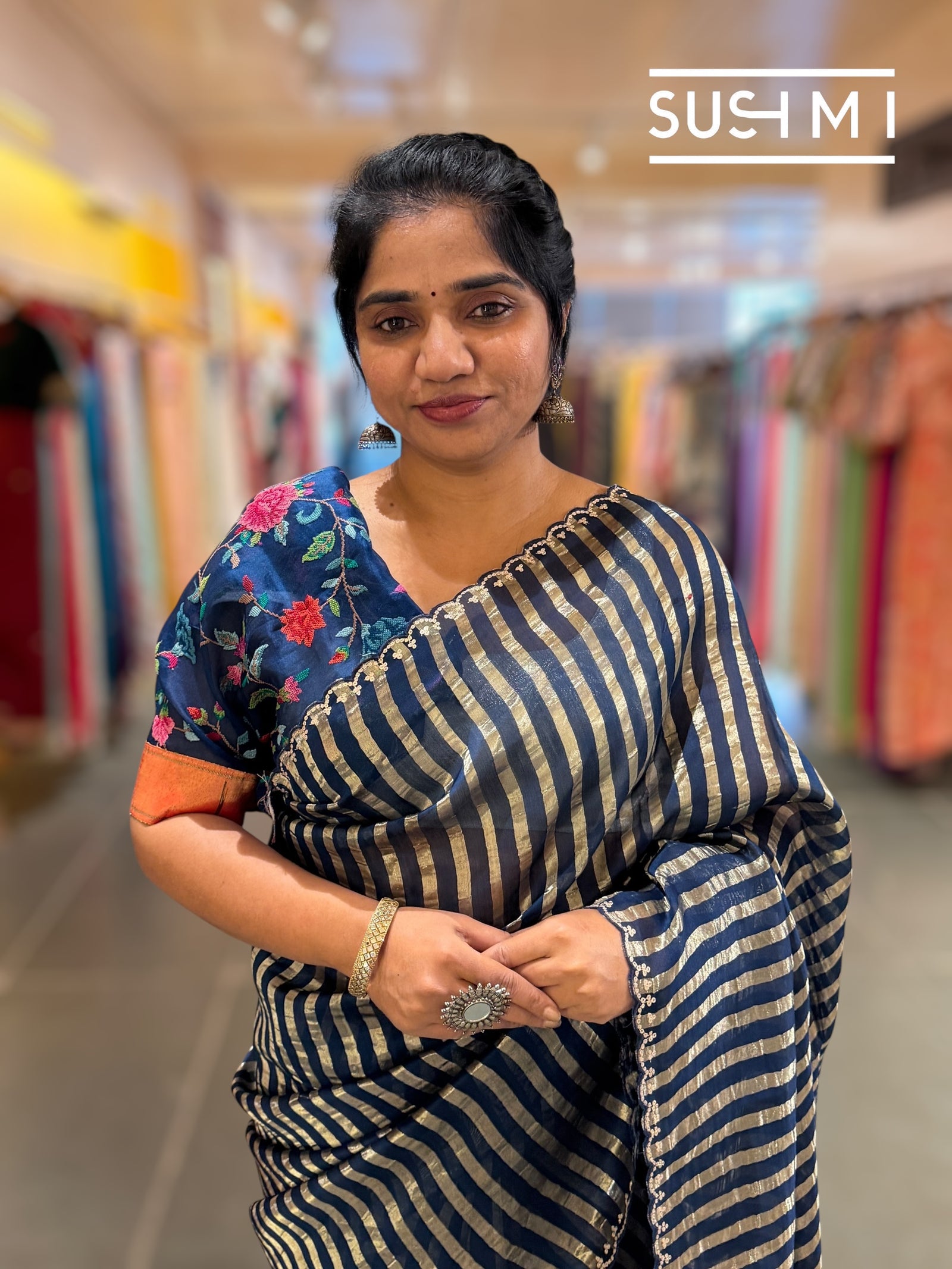 Midnight blue Mul tissue stripes saree with fusion blouse : D62134