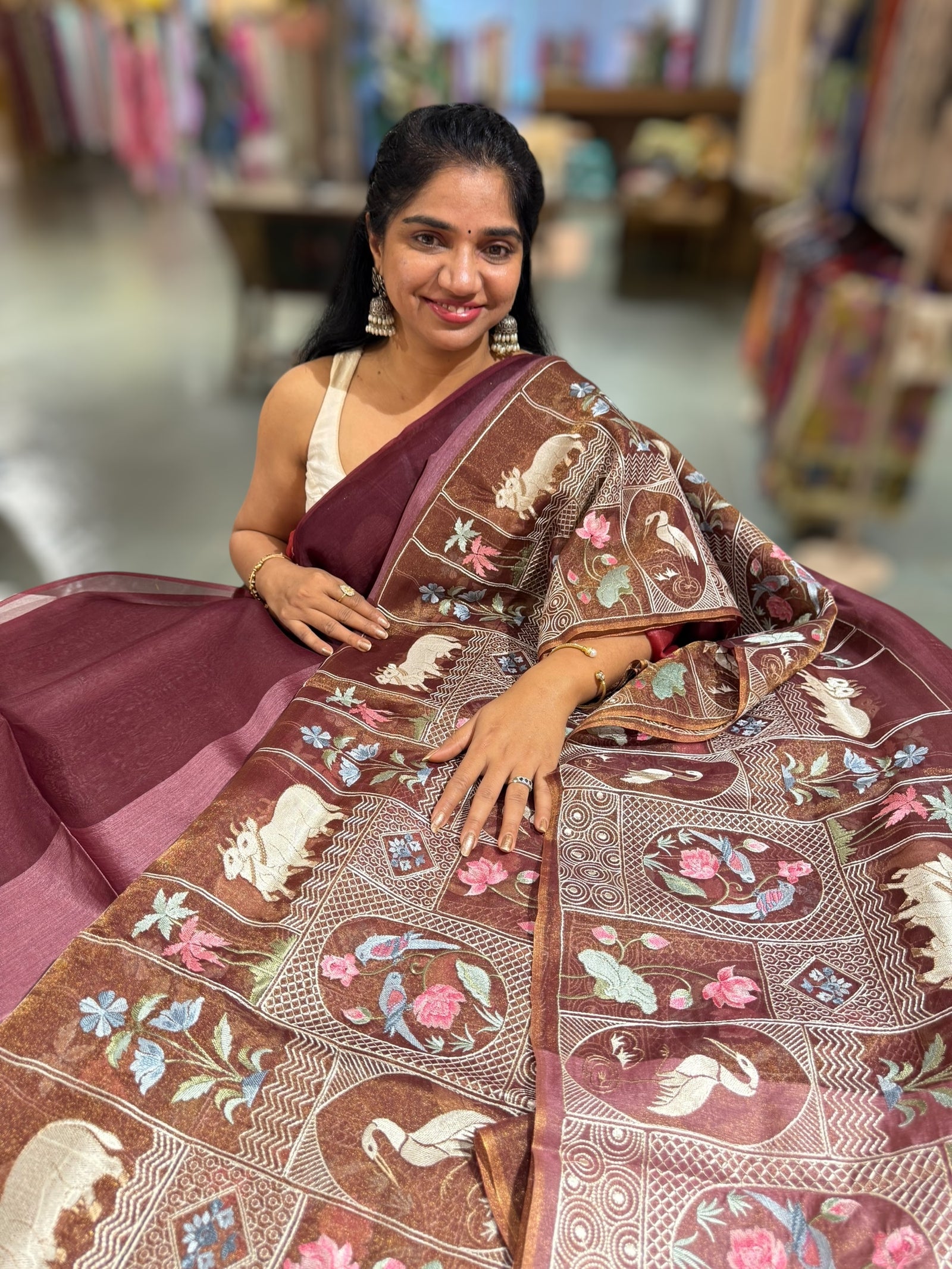 Winish Brown Kora-Tussar blend Handloom Saree with Tissue embroidered Skirt Border