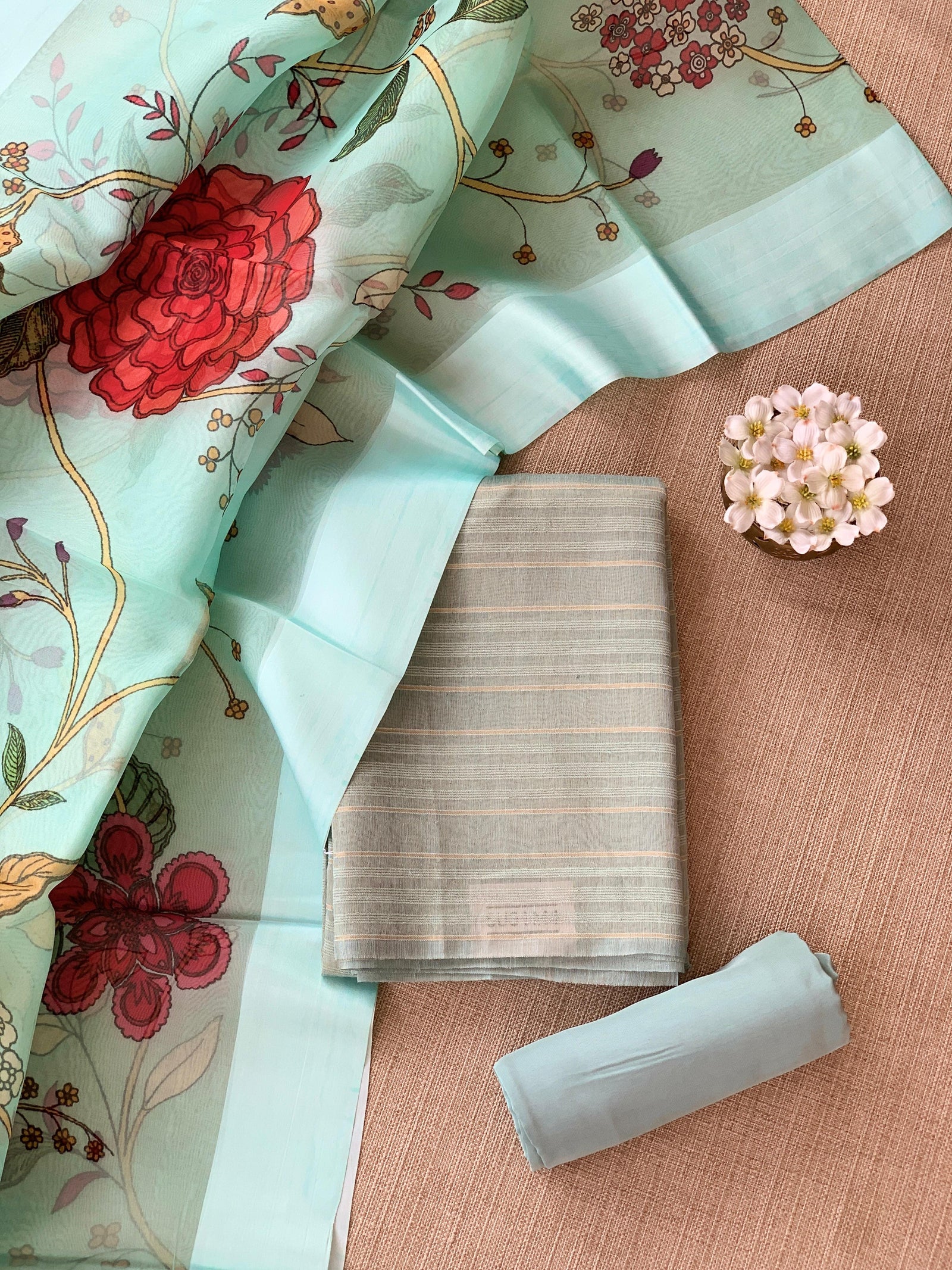 Mint Blue Banarasi Chiniya Silk 3-pc Suit set : SS62J09