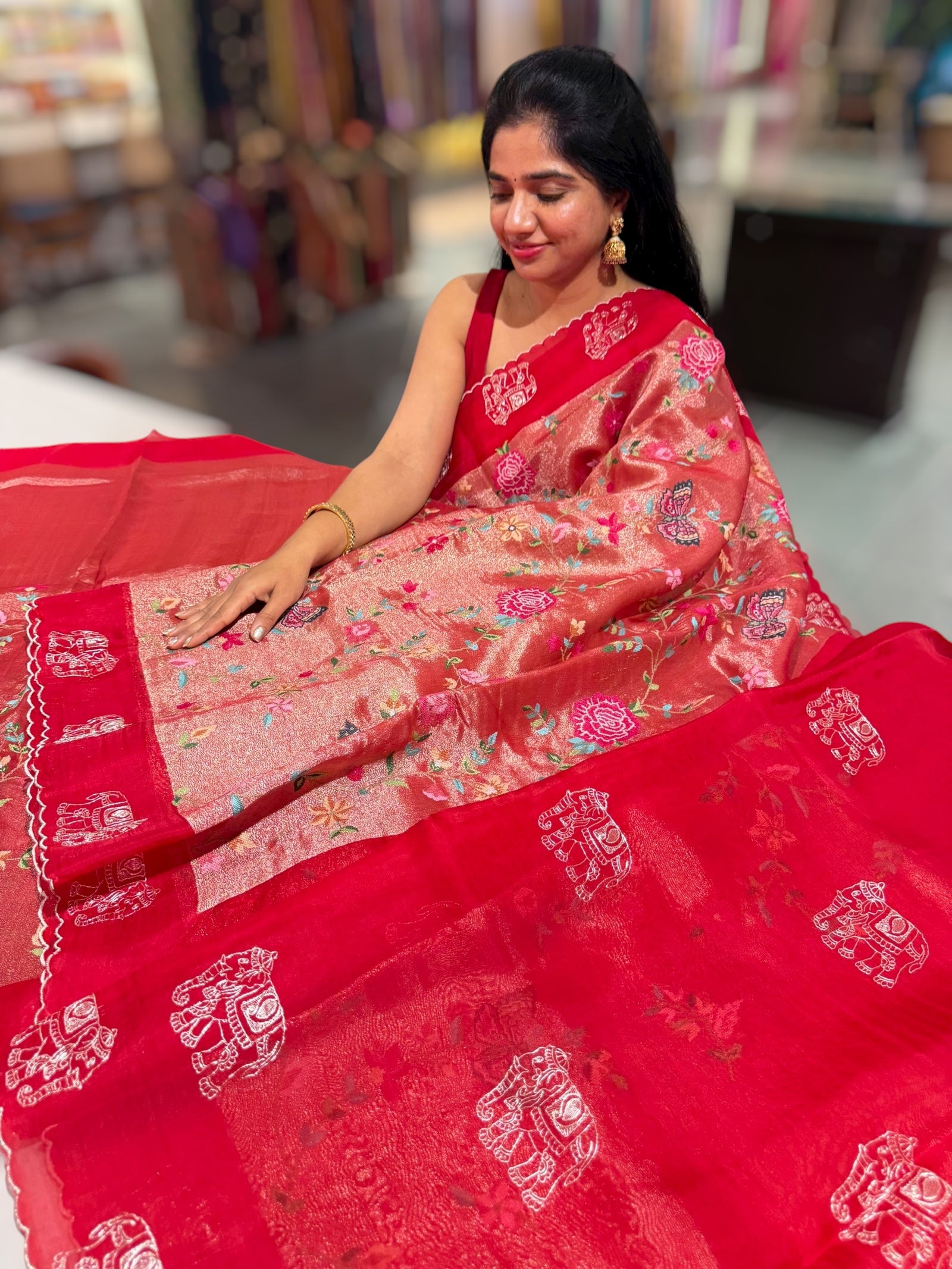 Red Premium Handloom Designer Tissue saree with exquisite embroidery