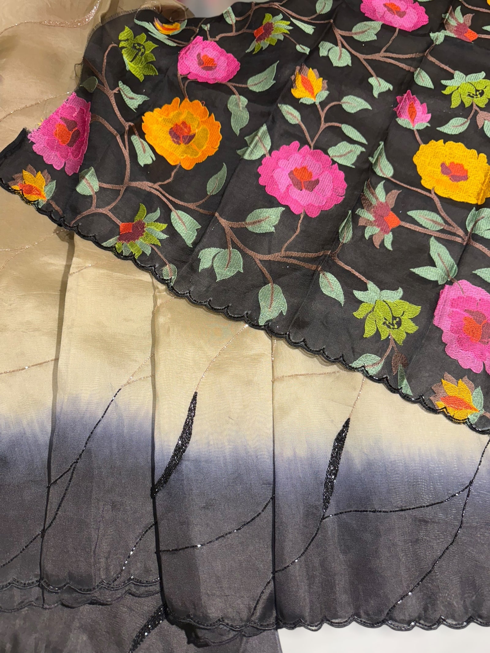 Chickoo & Black Ombre Dyed Pure Organza handwork saree