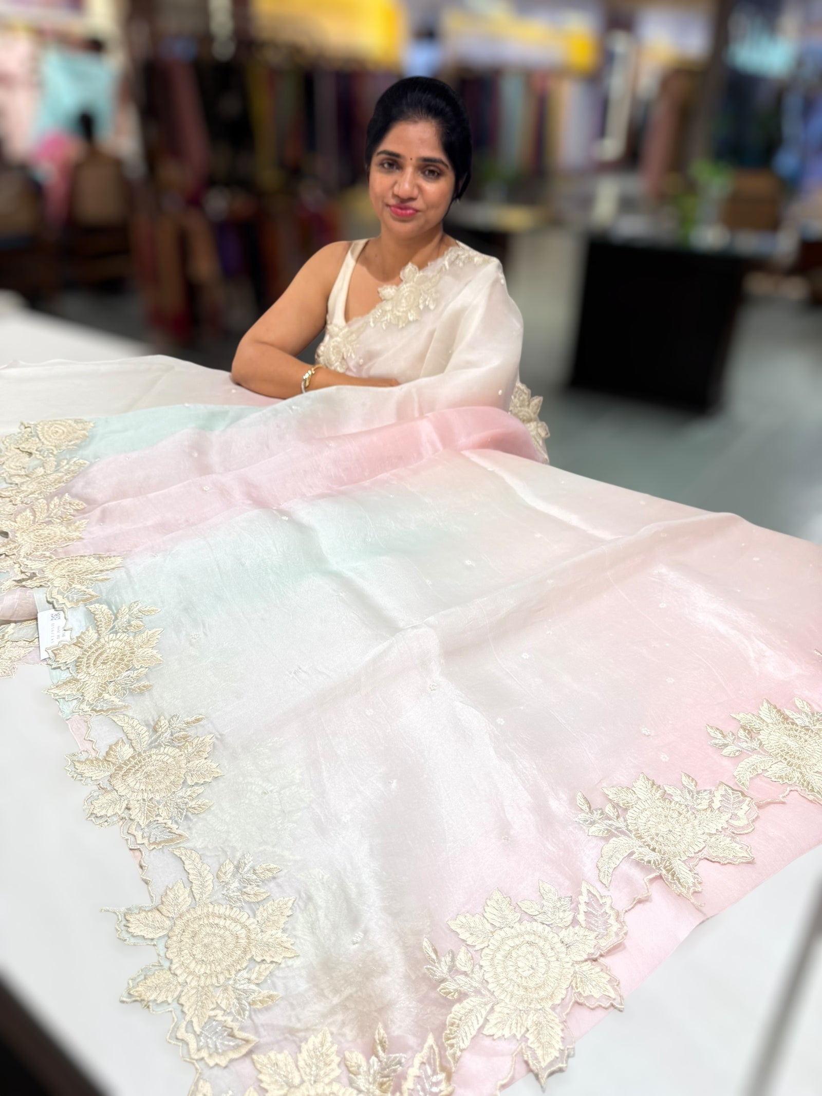 Ombre dyed Pure Organza Saree with parsi gara embroidery