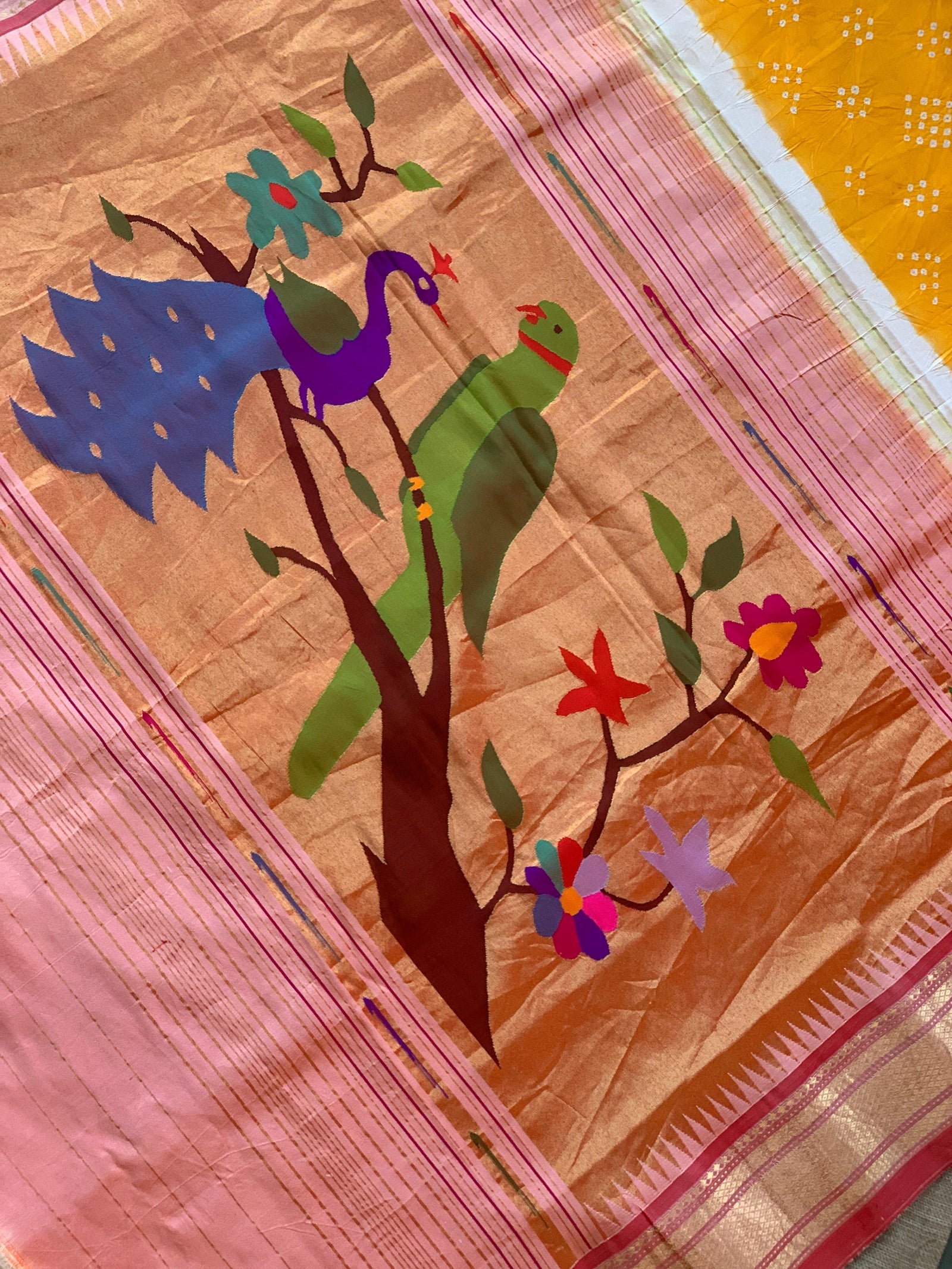 Yellow Pure handloom Bandhini paithani saree